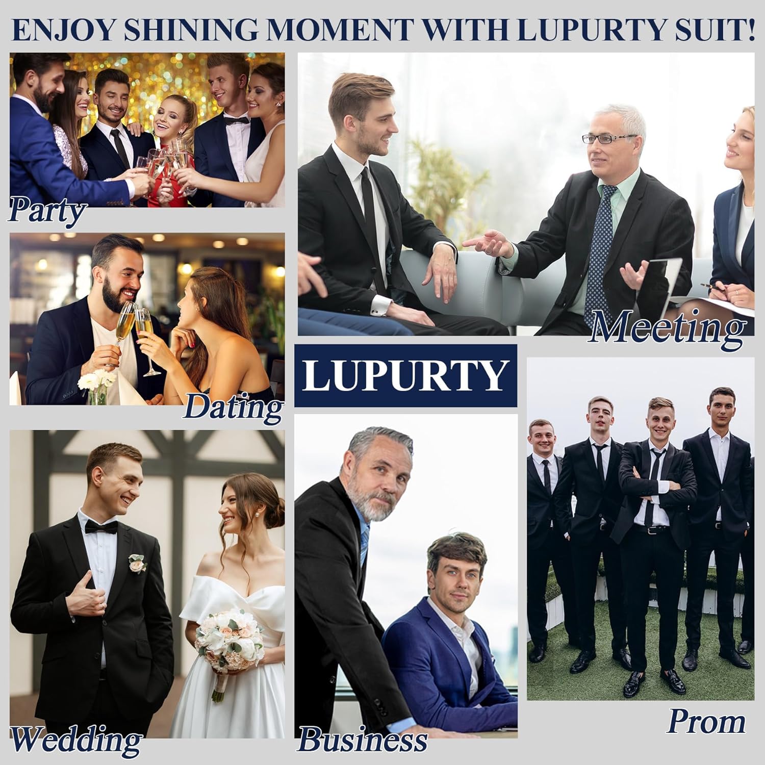 LUPURTY 3 Piece Suits for Men Slim Fit Men's Suit for Business Wedding Party 2 Button Blazer Tuxedo Set Jacket Vest Pants