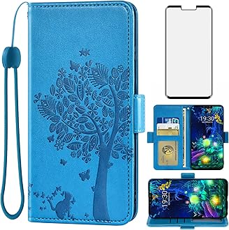AsuwishCompatible with LG V50 ThinQ Wallet Case and Tempered Glass Screen Protector Flip Wrist Strap Card Holder Stand Cell Phone Cover for LGV50 5G V 50 Thin Q V50ThinQ 50ThinQ 50V Women Men Blue