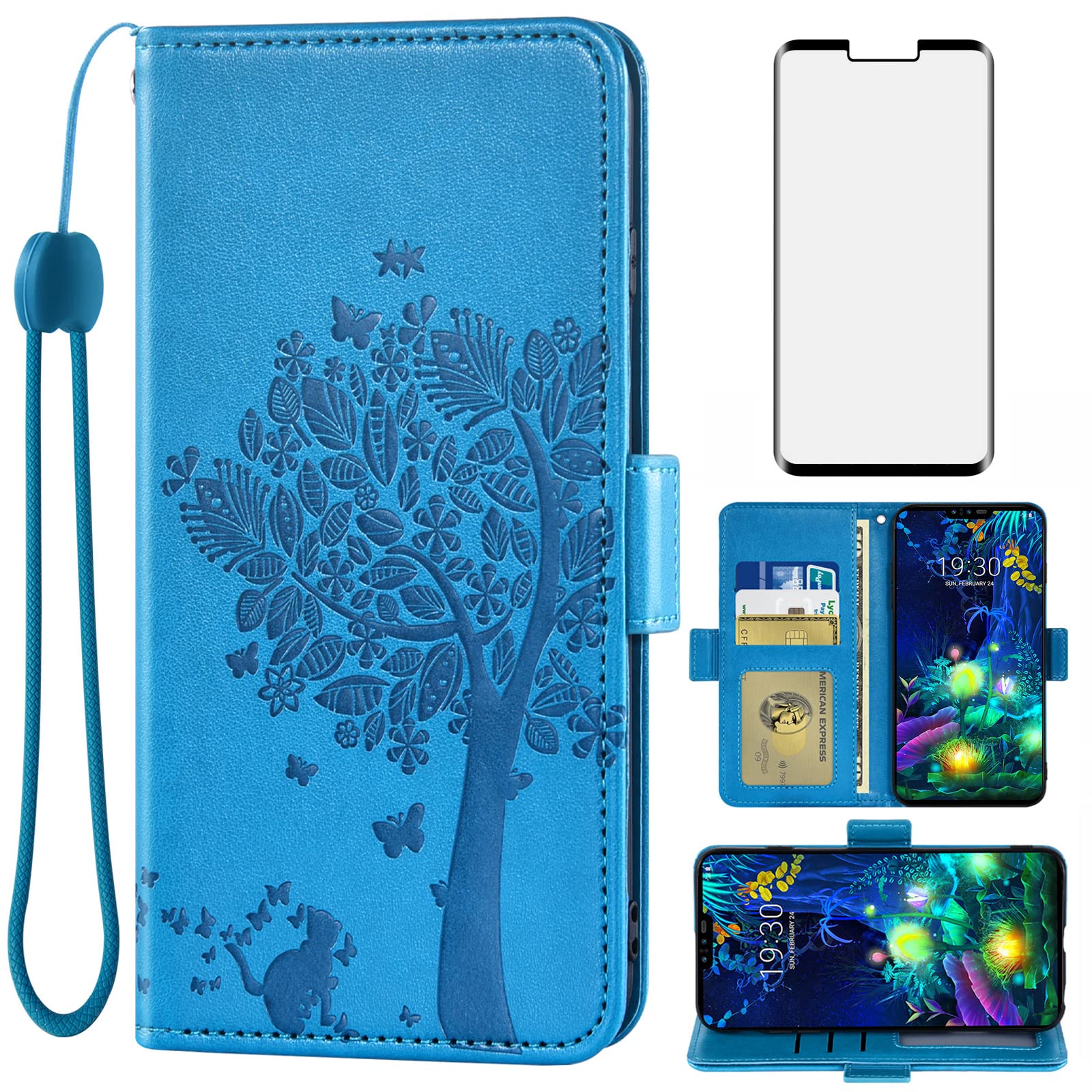 AsuwishCompatible with LG V50 ThinQ Wallet Case and Tempered Glass Screen Protector Flip Wrist Strap Card Holder Stand Cell Phone Cover for LGV50 5G V 50 Thin Q V50ThinQ 50ThinQ 50V Women Men Blue