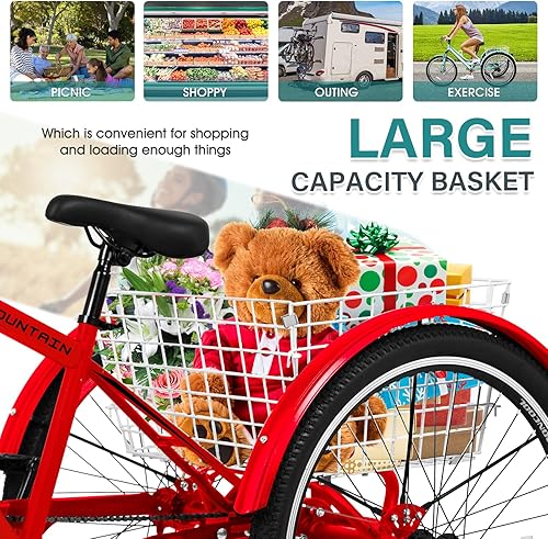 Vista 43 de MOPHOTO Triciclo de montaña para adultos, triciclo de montaña de 3 ruedas de 7 velocidades de 24 pulgadas y 26 pulgadas, triciclos de crucero