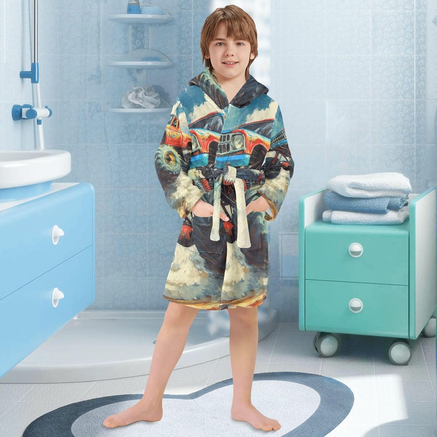 Large Monster Trucks Cars Bathrobe Hooded PJ Robe Soft Fleece Robe Pajama Sleepwears 2-12 Years