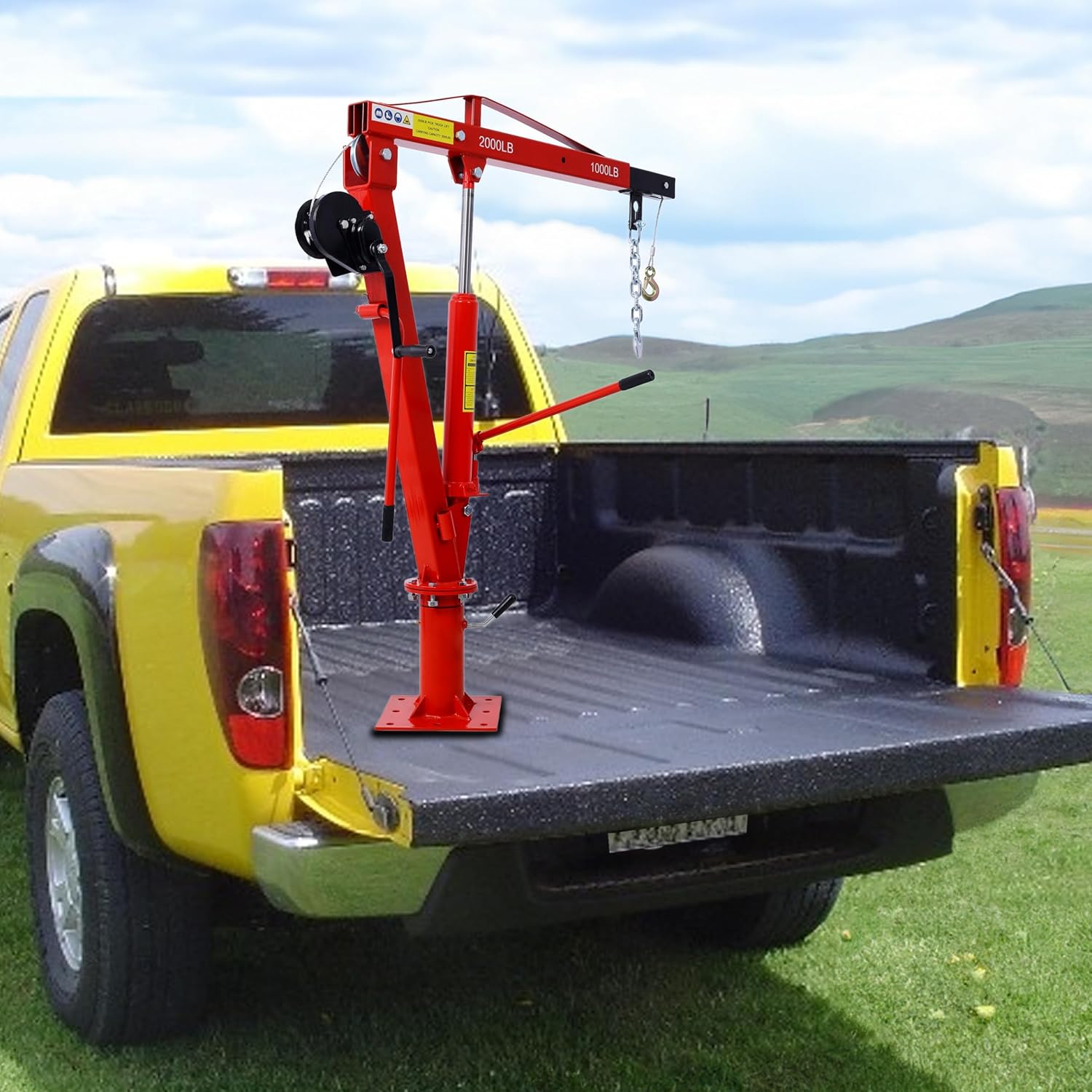 Truck Crane Truck Bed Hoist with Hand Winch Pickup Jib Crane 2000 lbs Capacity Hydraulic Extendable Boom 360° Pivot Red