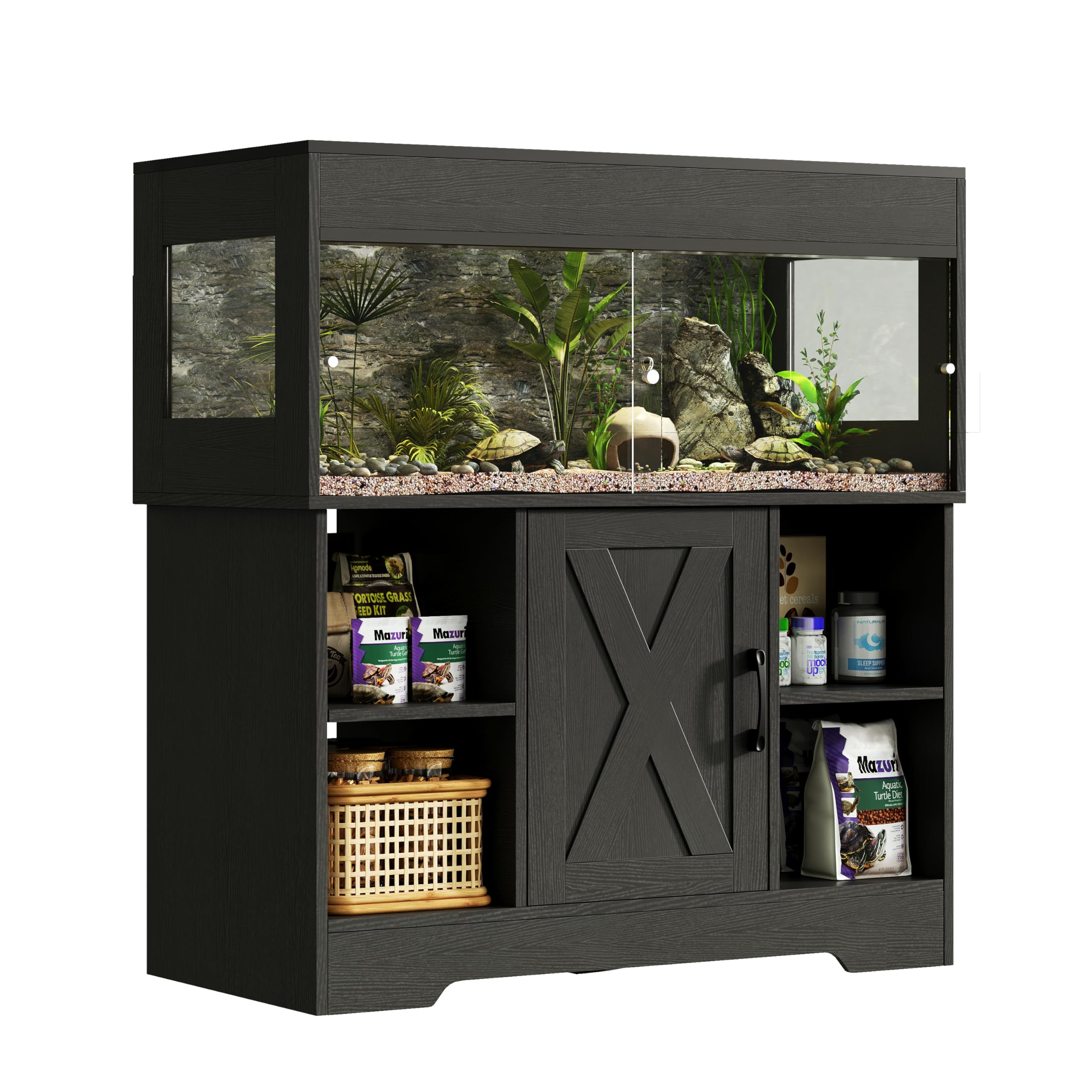 Herture Großes Terrarium mit Unterschrank Terrarienschrank mit Klappdeckel, Schiebetüren, integrierter Steckdose & Stauraum für Reptilien