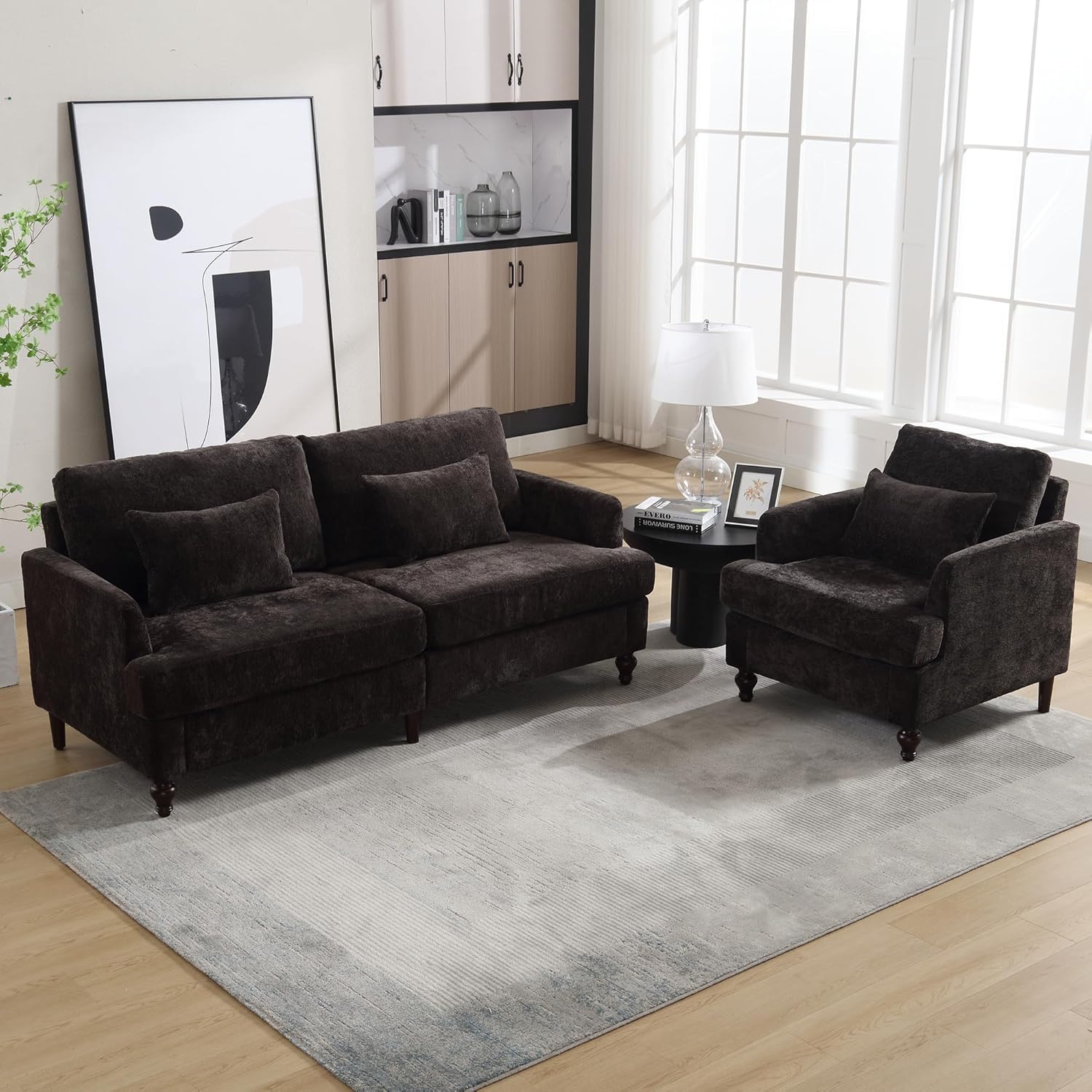 QQU Modern Upholstered Armchair, Chenille Fabric Single Armchair with Cushions, Living Room Lounge Chair, Reading Chair with Solid Wood Frame Suitable for Bedroom, Reception Room,Black