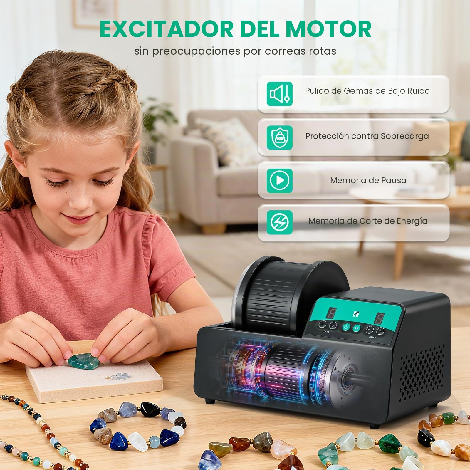 Huanyu Pulidora de rocas capacidad máx. 1.8 kg, Motor de 9 Velocidades, Temporizador de 9 Días, Pulidora de Piedras, Incluye accesorios completos para adultos y coleccionistas aficionados al bricolaje