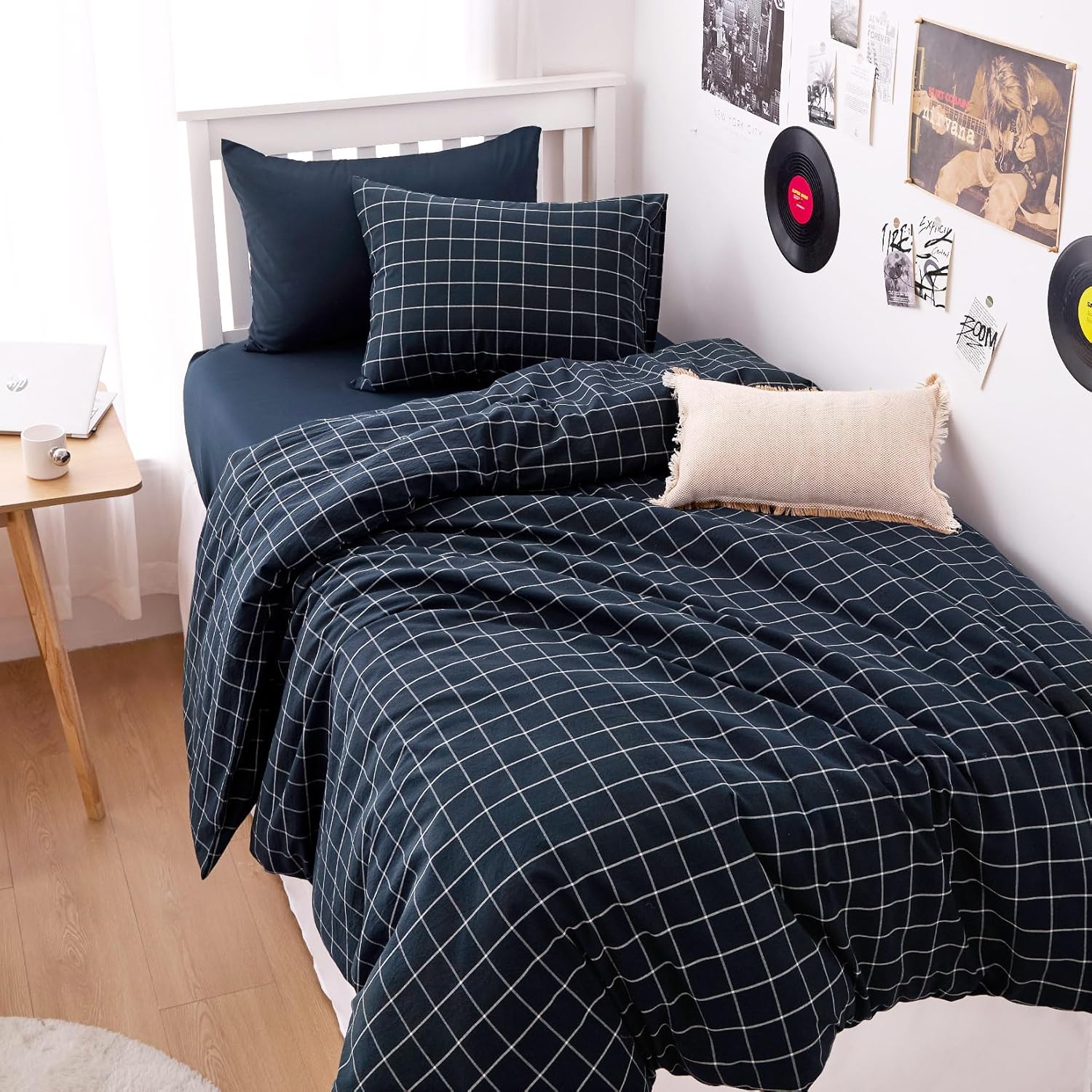 Wake In Cloud - Grid Cotton Duvet Cover Set, Plaid Checkered Geometric Farmhouse, 100% Washed Cotton Textured Bedding Set, 3 Pieces, Navy Blue, Twin/Twin XL Size
