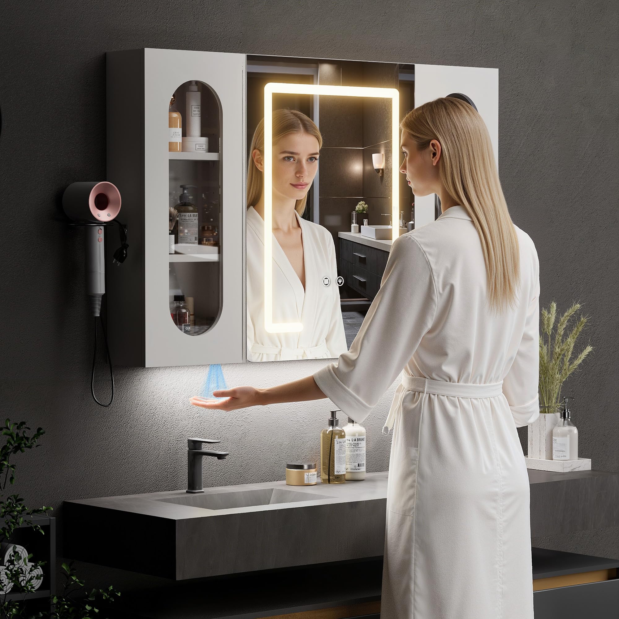 Armario Baño con Espejo LED iluminación y Función de desempañadora Armario Baño Espejo de Pared con Enchufe, 3 Compartimentos Grandes y Soporte para secador de Pelo, 100x65x16 cm