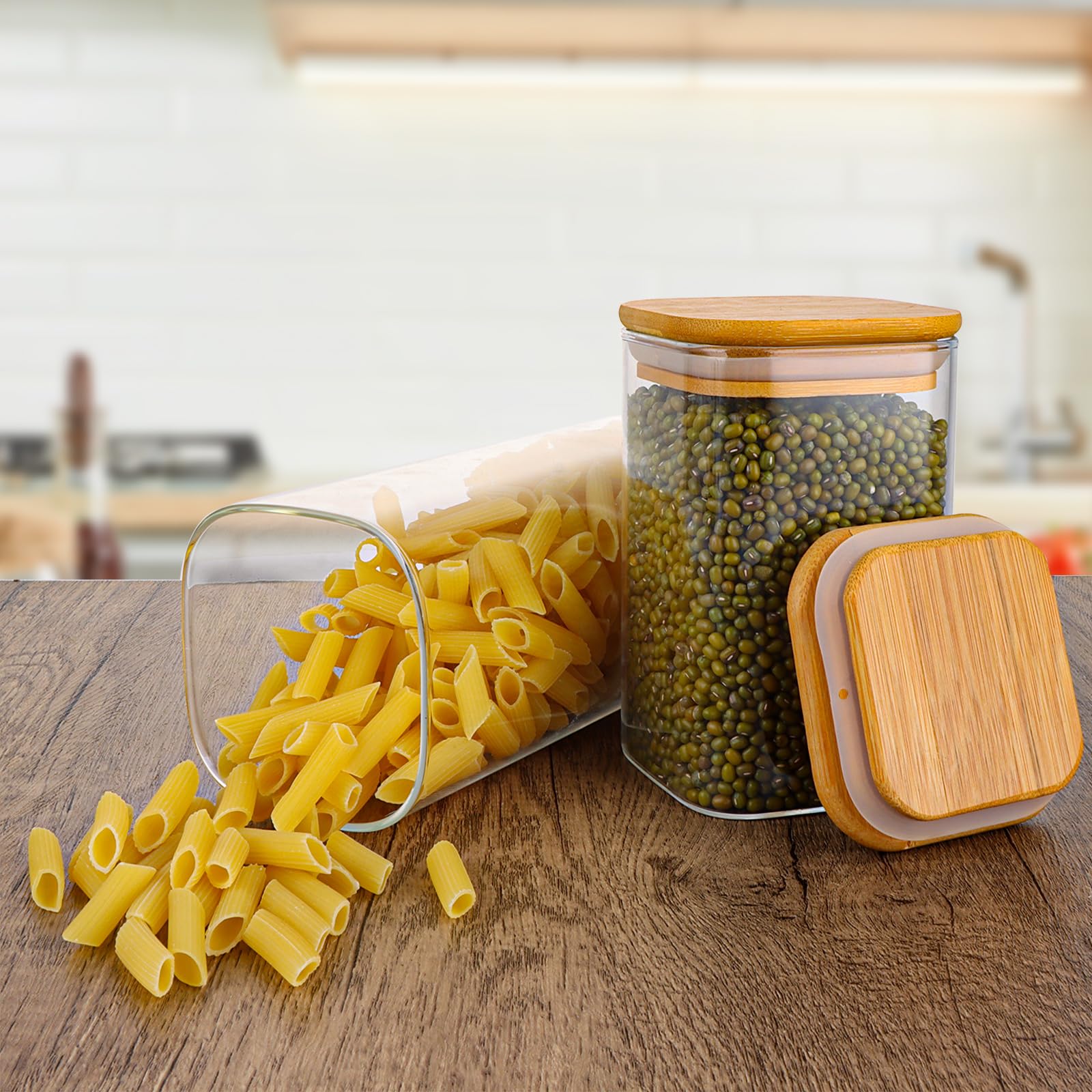 Confezione da 12 barattoli in vetro con coperchi in bambù, contenitori da cucina con coperchio, ermetici, per spezie, caffè, tè, zucchero, organizzazione della cucina, 600 ml, 1200 ml