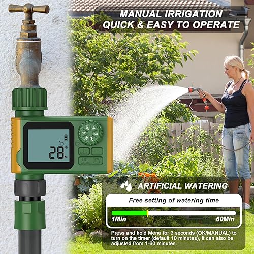Miniatura 3 de Temporizador de manguera de jardín programable automático, temporizador digital de agua con pantalla LCD, retardo de lluvia y modos manuales para