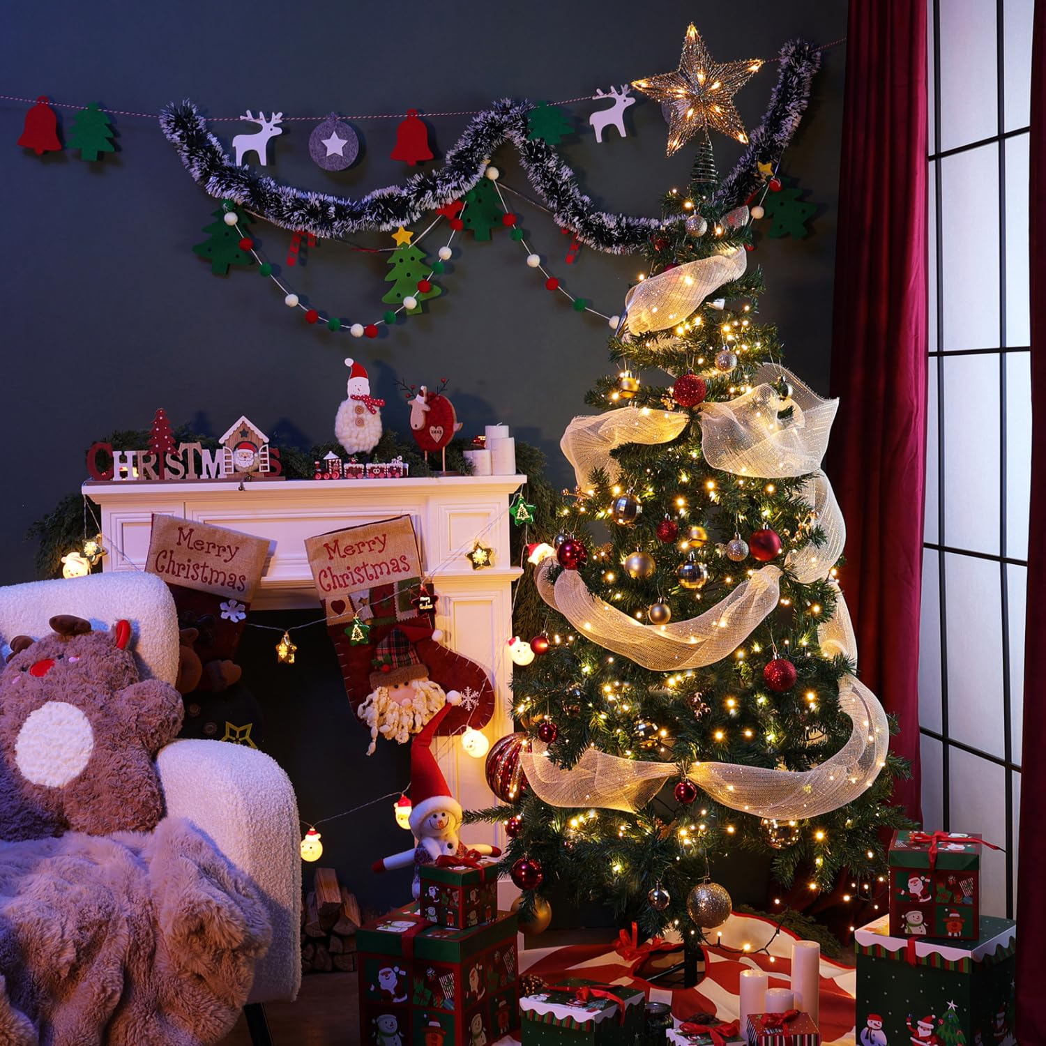 Aigostar Albero di Natale Artificiale da 150 CM,con Catena di Luci LED da 13 M,8 Modalità di Illuminazione,200 LED Bianco Caldo280 Rami,Colore Verde,Include Supporto in Metallo.