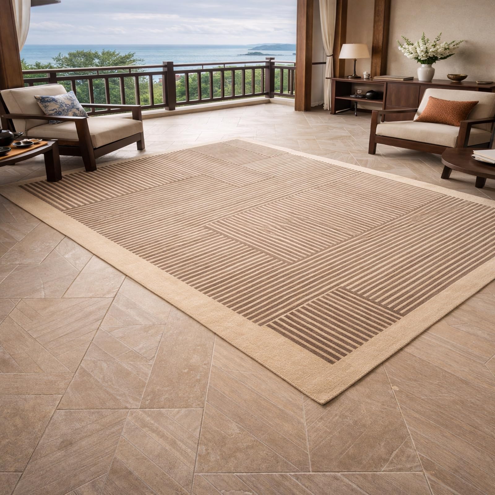 Tapis lavable antidérapant beige et gris carré 100 cm à poils ras