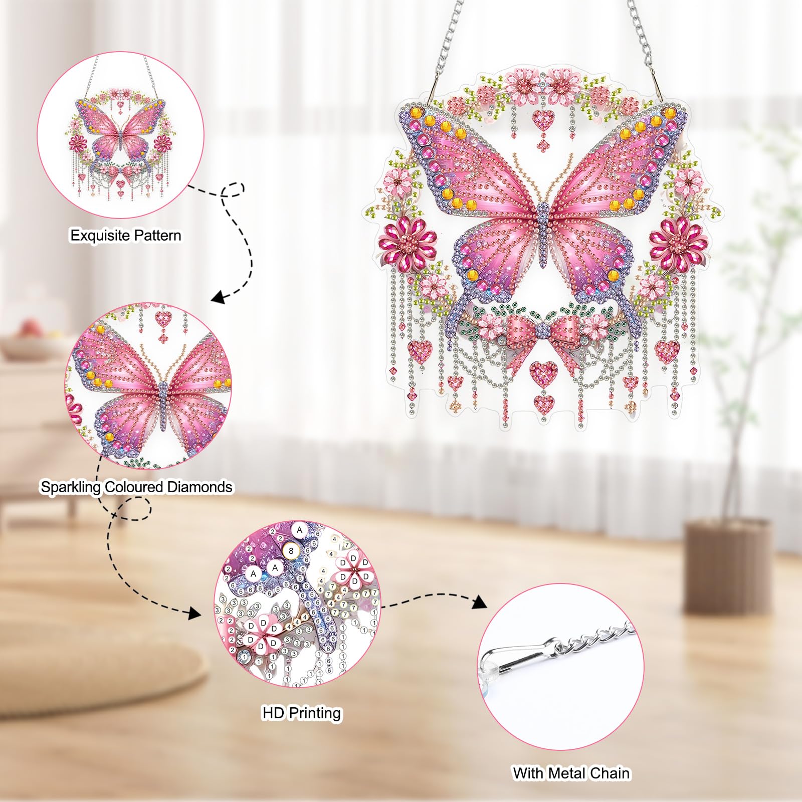 Diamond Painting Adulti/Bambini, 5D Pittura a Diamante Fiore Diamond Painting Accessori con Strass Quadrati, Fai da Te Diamantini Crystal Art per Murale Home Decor (33.5x96.5 in/85x245 cm farfalla