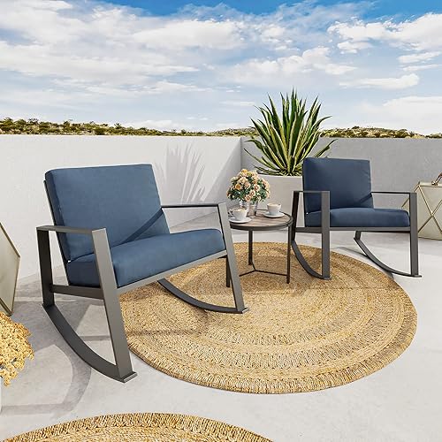COSIEST Juego de muebles de patio de 3 piezas, juego de mecedoras de acero negro con cojines gruesos azules, mesa auxiliar con parte superior de disponible en Yaxa Peru