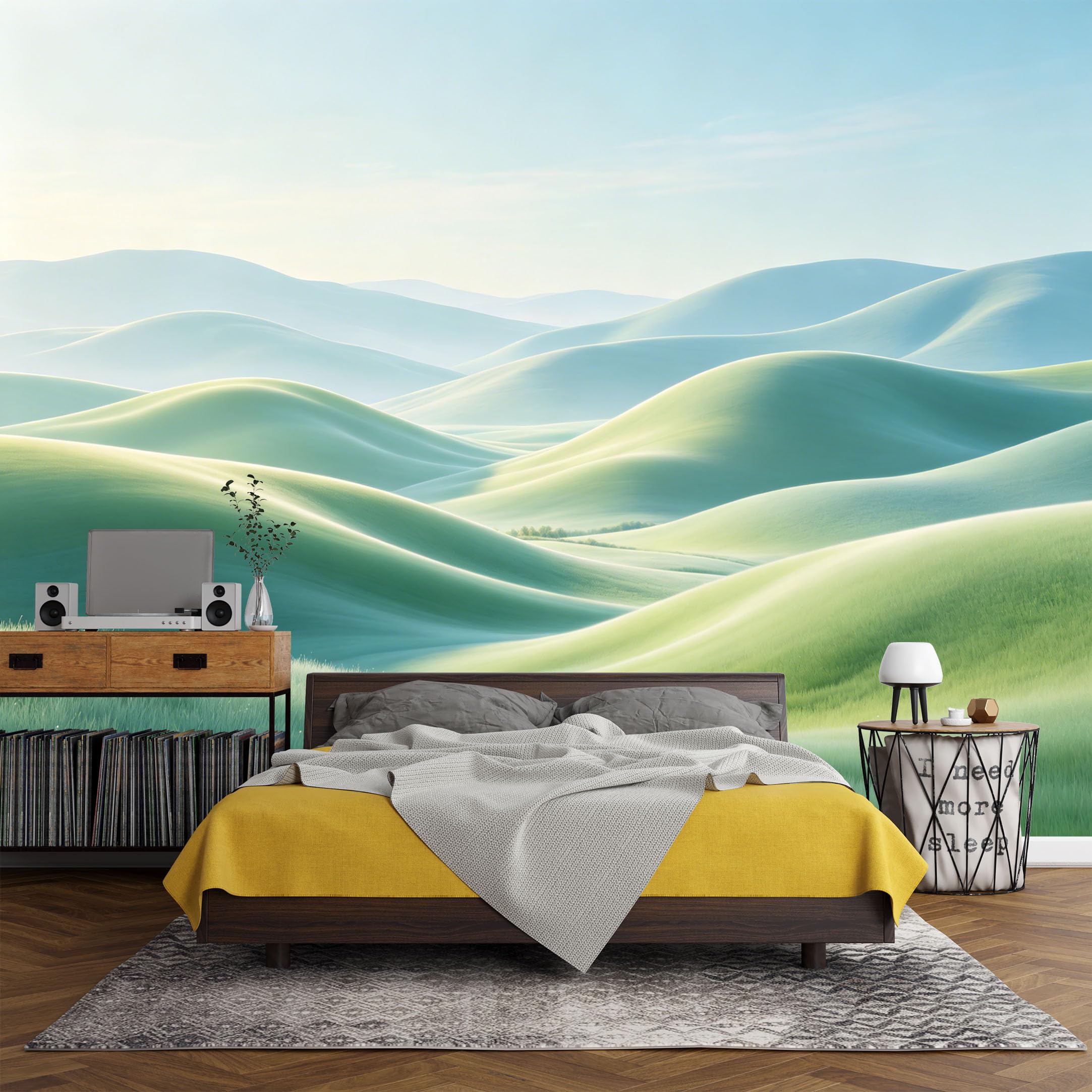 Custom Size Wall Mural， Landscape Green Rolling Hills Sunrise Pastel Meadow，SelfAdhesive Art Prints wall Fabric (No PVC) Removable Wallpaper Living Room Decor