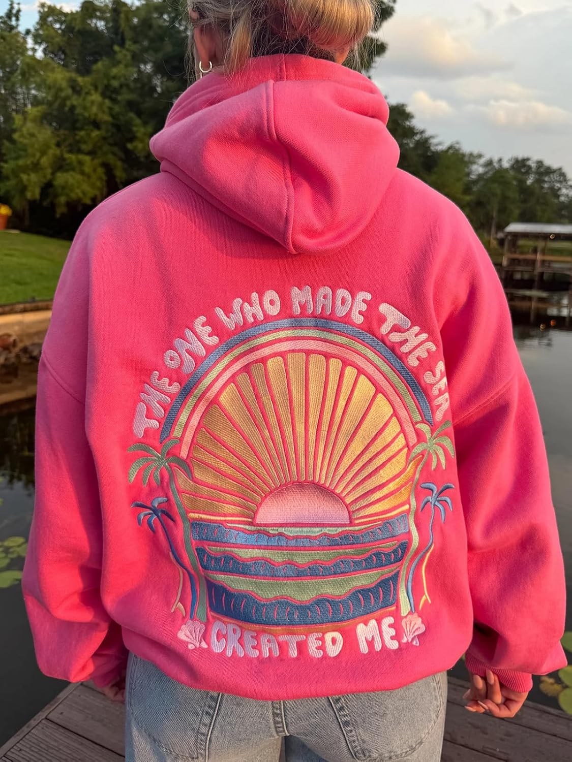 Oversized Graphic Hoodie for Teens Girl Y2K Ocean Floral Embroidered Preppy Hoody Sweatshirt Cute Aesthetic Sweater