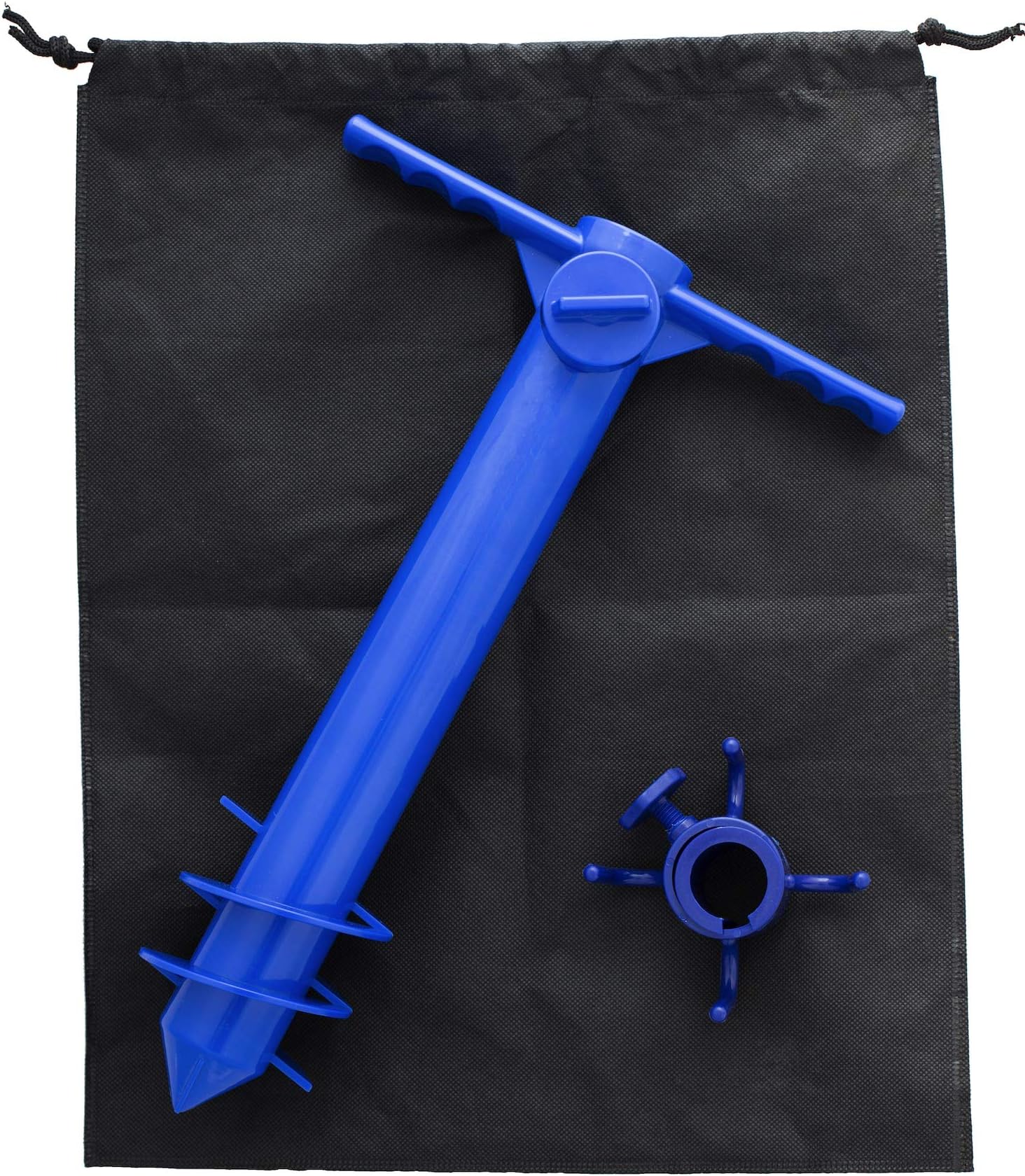 Extraordinaire Beach Umbrella Sand Anchor - One Size Fits All Pole Base Screw Holder Stand Portable Auger Stake Support Safe for Strong Winds Sturdy Blue Plastic Complete with Towel Hook and Carry Bag