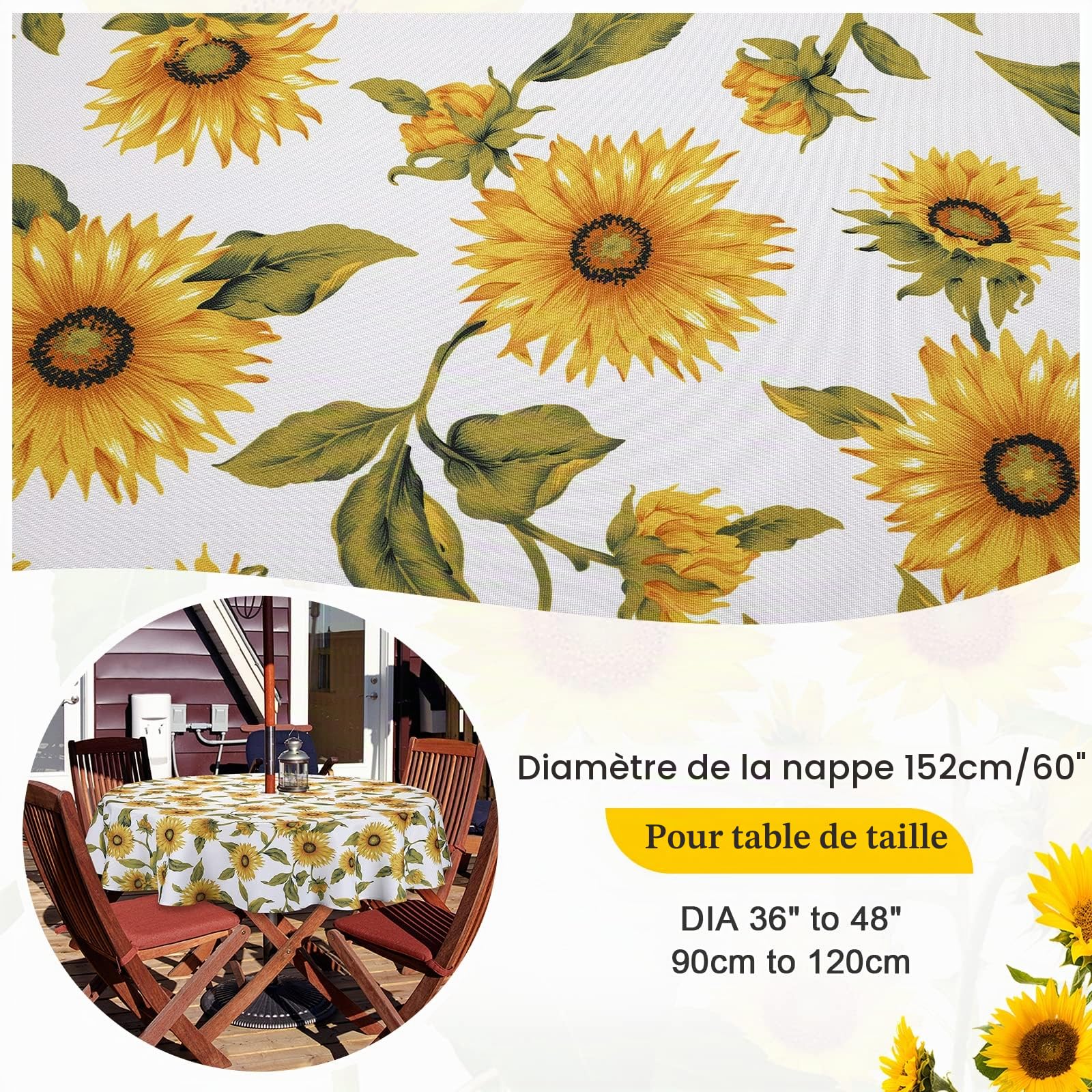 Qucover Nappe ronde de jardin, avec œillet pour parasol et fermeture éclair, résistante aux taches, facile à nettoyer, 178 cm, pour table de jardin, barbecue, réunions de famille, fêtes