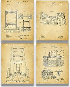 Govivo Bridge Architecture Patent - A Set of Four Bridge Patents Wall Art Decor Prints with sepia backgrounds - unframed artwork printed on photograph paper