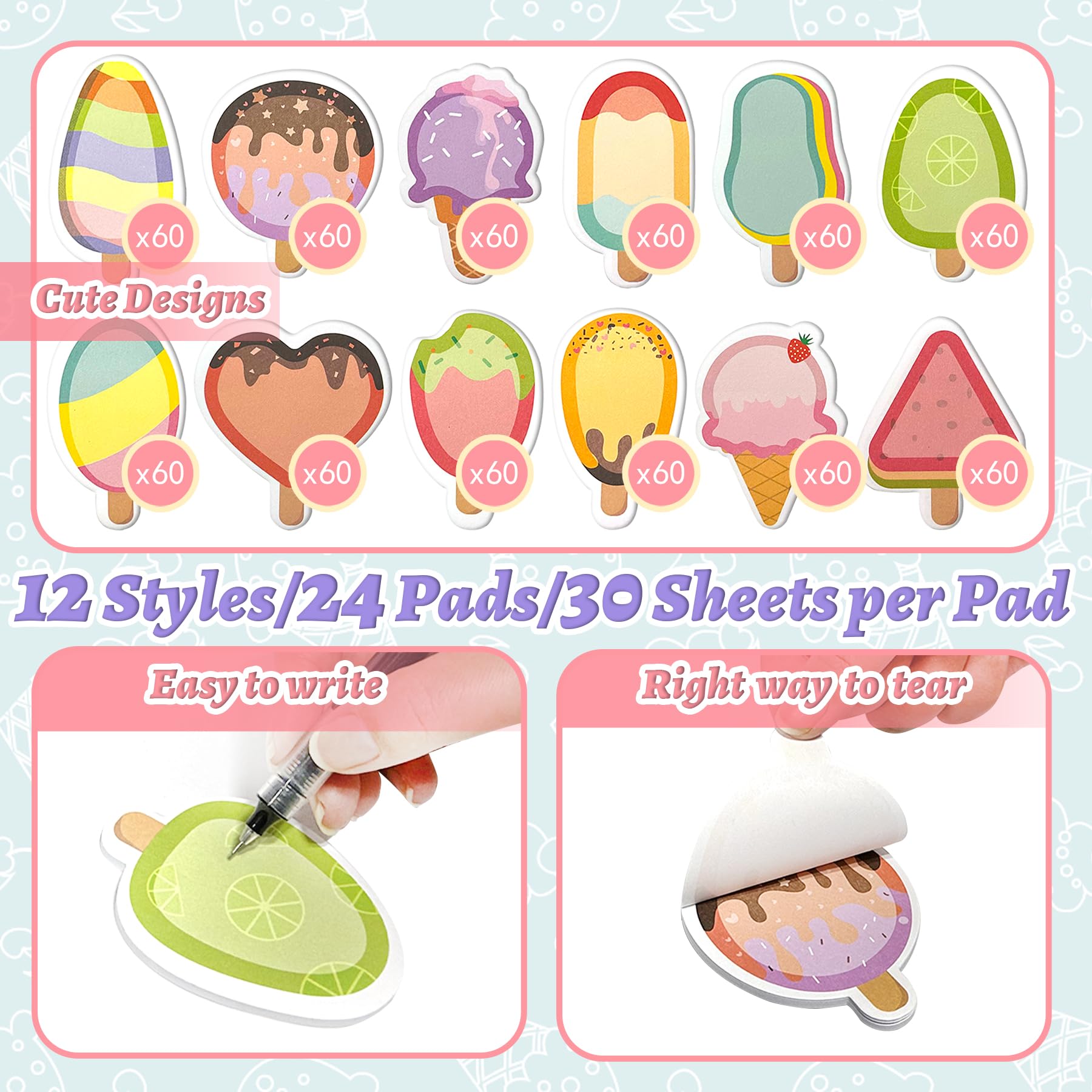 YeahBoom Pack of 24 Sticky Notes, 720 Sheets Small Sticky Notes Children, Ice Cream Sticky Notes, Cute Mini Sticky Notes - Image 3