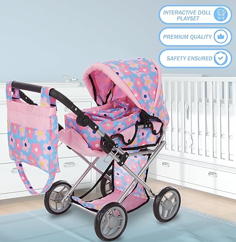 Miniatura 9 de Cochecito convertible con asa ajustable con toldo y cesta de almacenamiento, 25 pulgadas, color azul