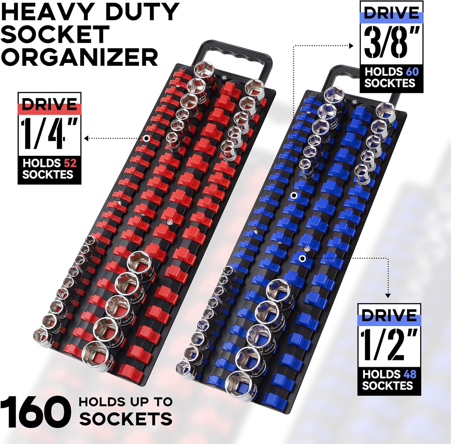 160-Piece Portable Socket Organizer Steel Tray with Handle - Heavy Duty Socket Holder Kit 1/4-Inch, 3/8-Inch, 1/2-Inch Blue&Red Clips (2 PC, Blue&Red)