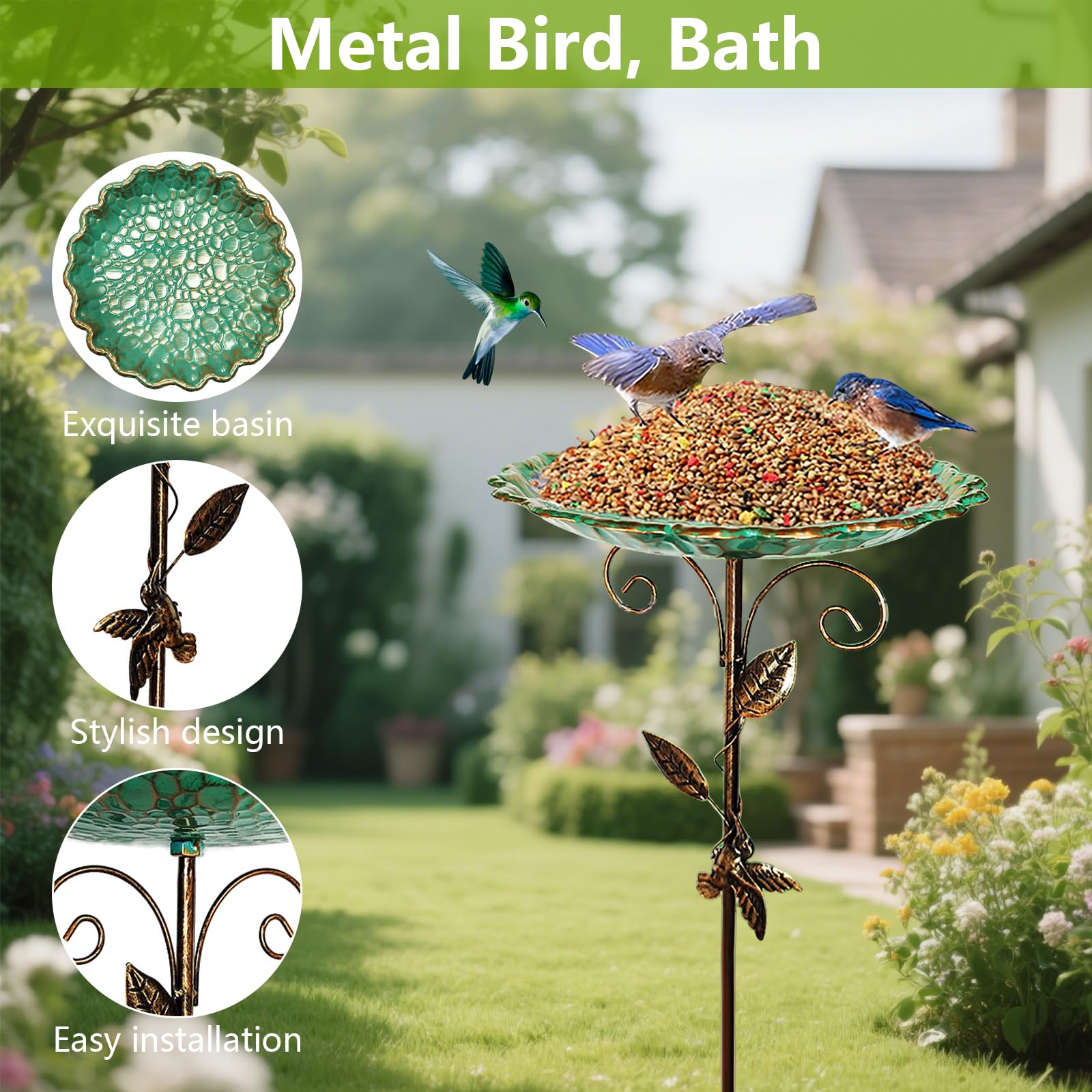 2-in-1 Bodenpfahl Vogeltränke Futterstation, Stehend Vogelbad, Antike Metall Vogel Badewanne, Vogelbecken Futter Schüssel&Pavillon Lebensraum,Wildvögel Wassertränke (26 cm)