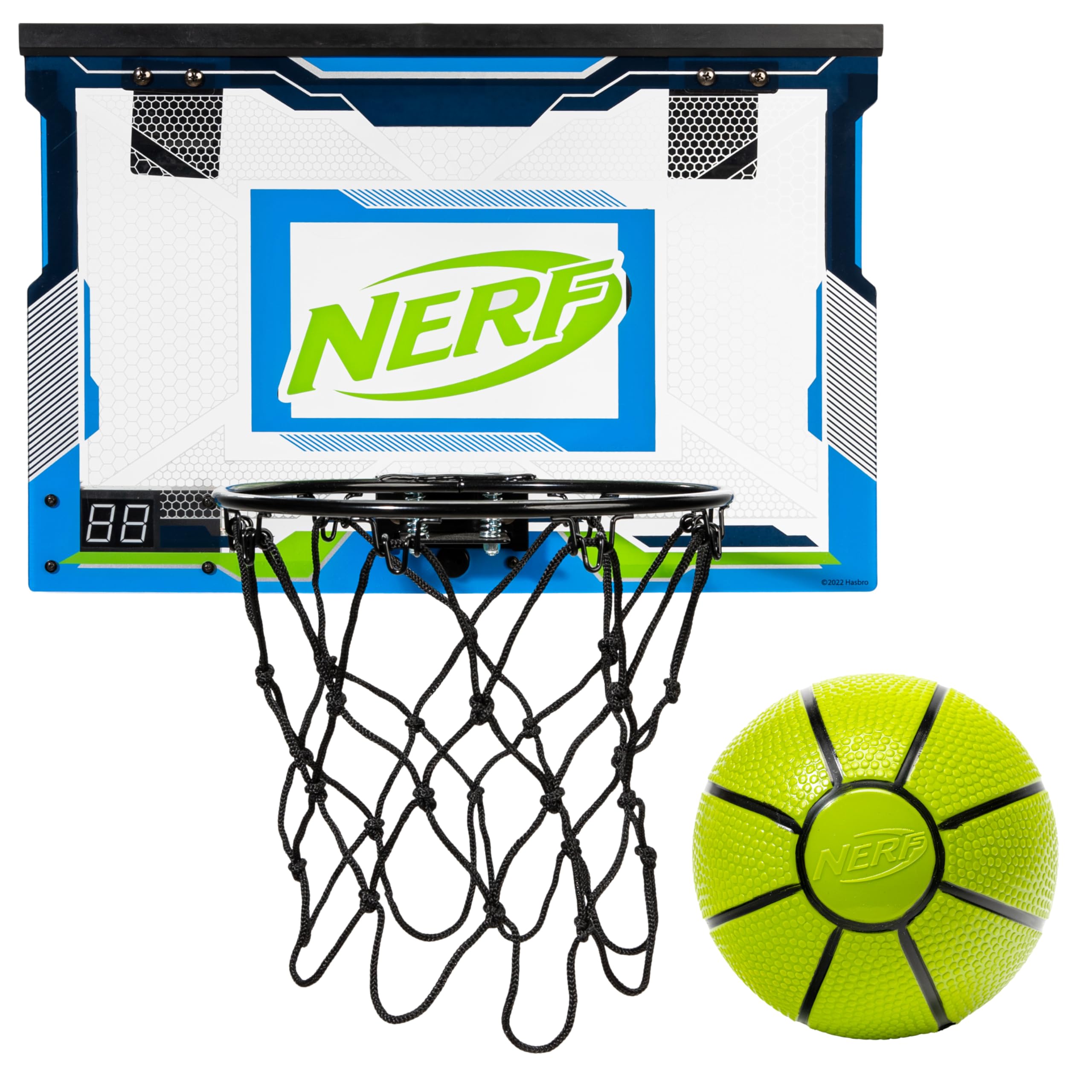 NERF Pro Hoop Set de Baloncesto con minicanasta LED de Puerta y minibalón, para Mates, Canasta de Baloncesto Infantil iluminada, para Dormitorio e Interiores, electrónica