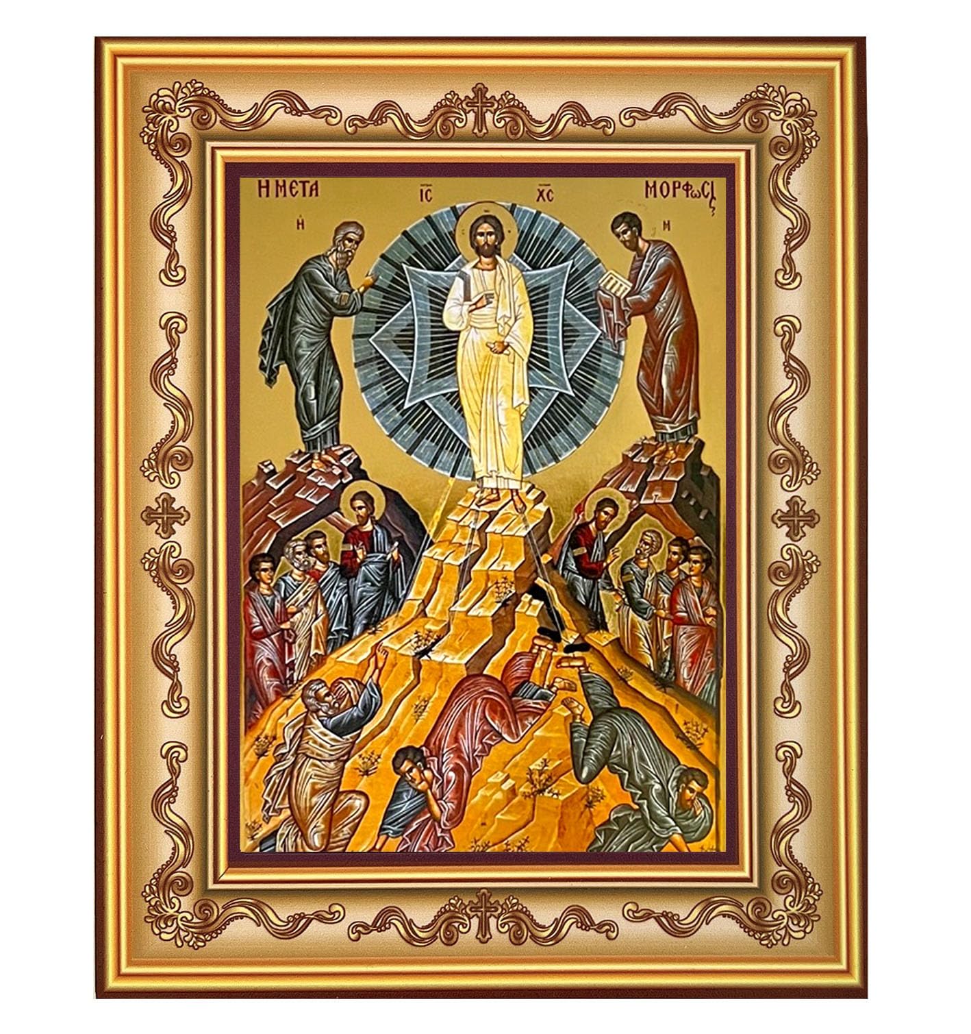 Needzo Jesus Christ Transfiguration Icon Authentic Greek Orthodox Byzantine Icon Gold Framed Gold Foil - Wall Hanging and Standing 7 1/4 Inch, Religious Gift