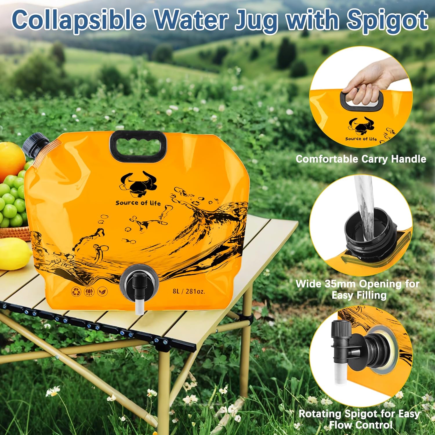 Water Jug Camping 2.1 Gallon Collapsible with Spigot, BPA Free Portable Water Pouch Foldable Water Bags for Outdoor Hiking, Travel and Emergency & Water Storage Containers (Orange-1Pcs) - Image 3