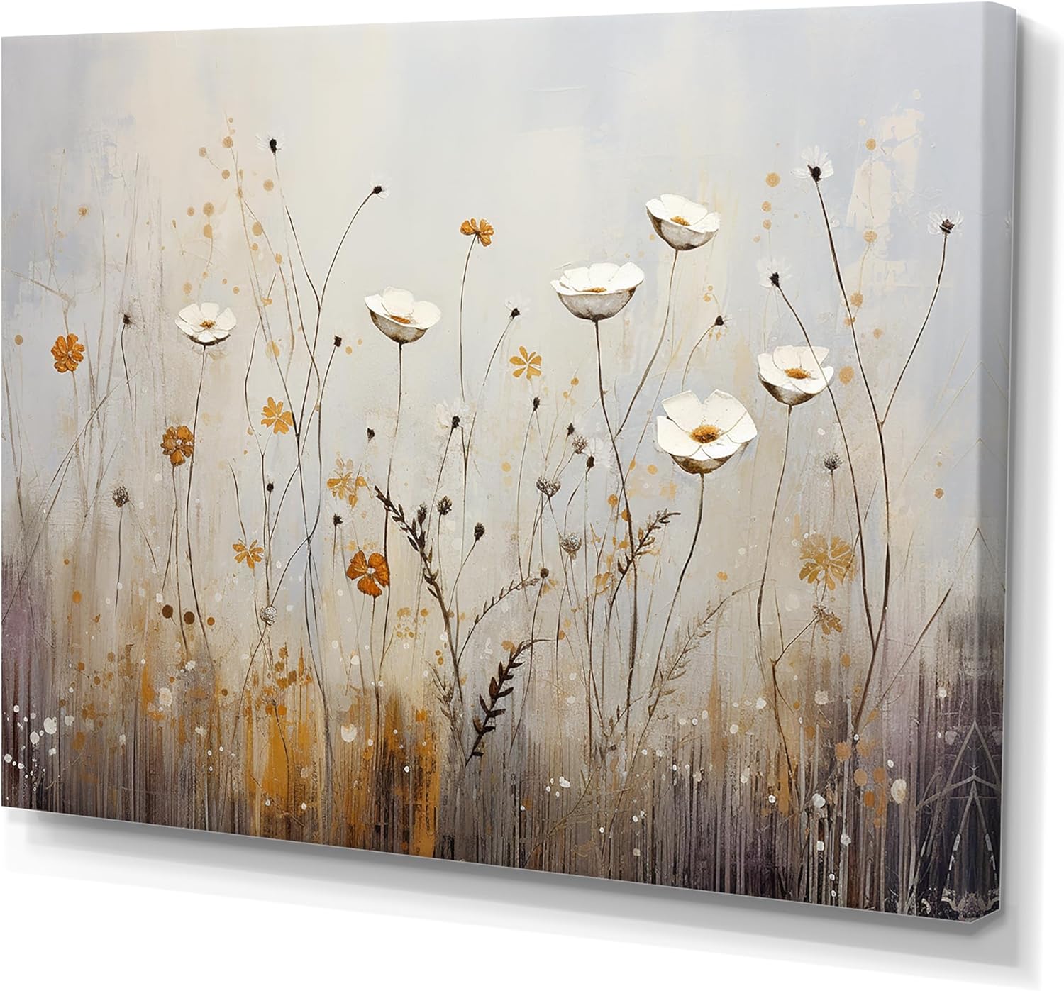 DesignQ Wildflowers Wall art decor, Wildflowers Wall Art, Whispering Gardens Of Beige Wildflowers, beige Large Canvas wall art, 20x12 inches