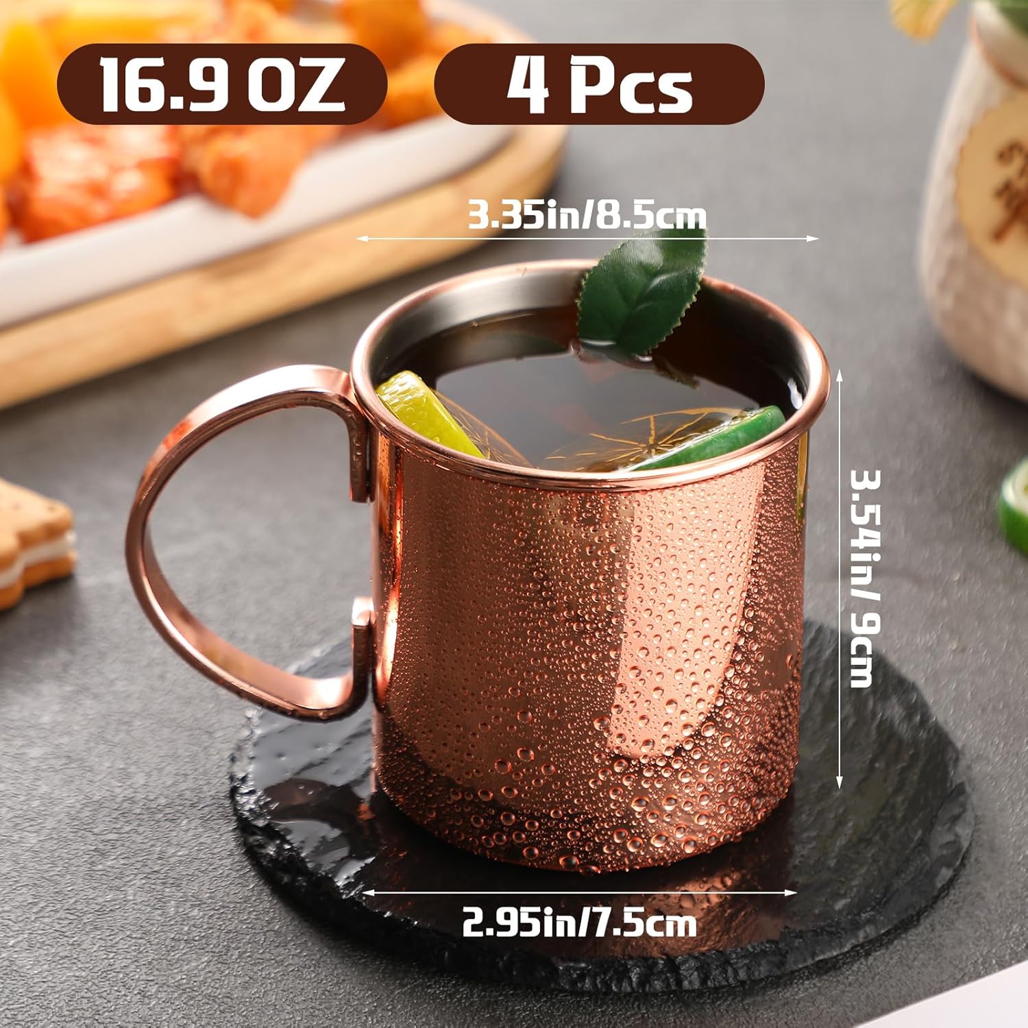 4 Pcs Moscow Mule Mug 16.9 oz Copper Mugs with Handles Copper Cup Moscow Mule Cups Straight Smooth Finish, Stainless Steel Interior, for Bars Parties Beer Wine Drinking Coffee Cocktail