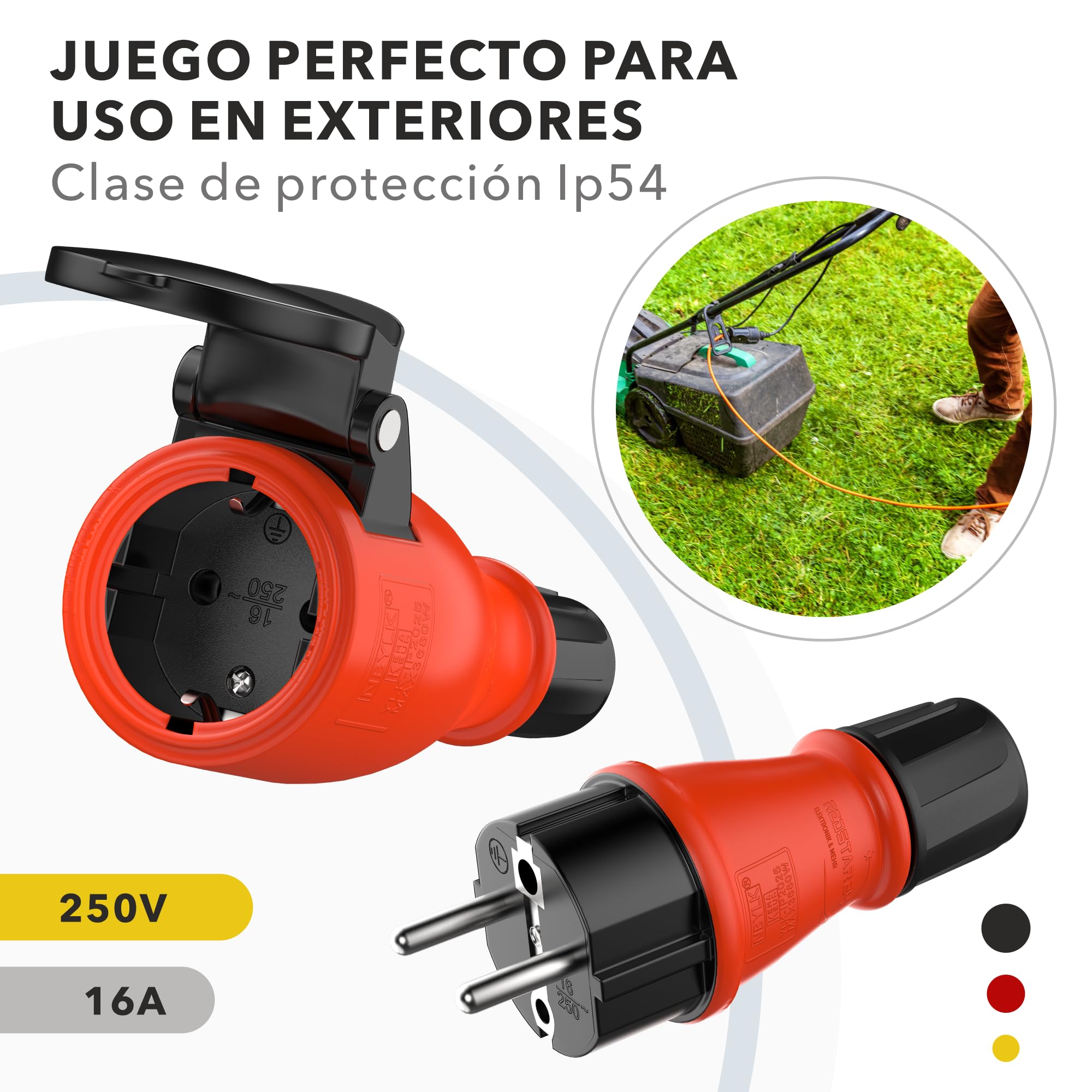 Clavija Enchufe Macho Electricas | Conjunto Enchufe / Toma Schuko de goma IP54 | Macho y Hembra |Extensión | Goma y plástico | Uso en exteriores | Negro / Rojo