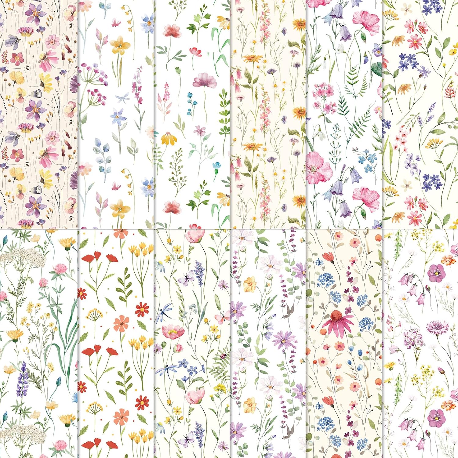 JarThenaAMCS 12 Pcs Wildflower Cotton Fabric Bundles 18 x 22 Inch Watercolor Floral Fat Quarters Flower Sewing Fabrics for Spring DIY Crafts Party Decor