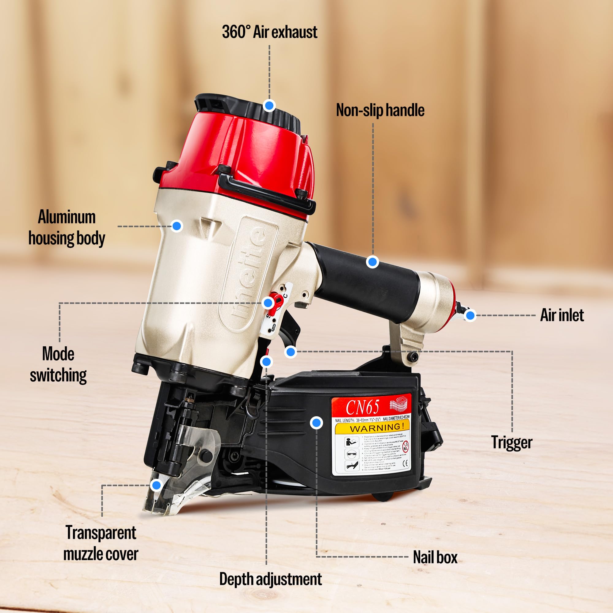 meite CN65 - Chiodatrice pneumatica professionale per rivestimenti, pallet, telai e custodie in legno, chiodatrice a spirale con punta piatta, 38-65 mm