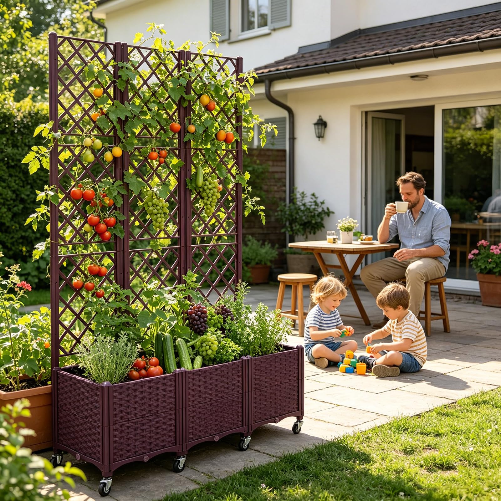 Fioriera 3 Pezzi con Traliccio, 120x40x193 cm, Vaso Fioriere alto in PP Resistente con Ruote Frenabili e fori Drenaggio, Fioriera da Balcone per Piante Rampicanti, Giardino Terrazza, Marrone
