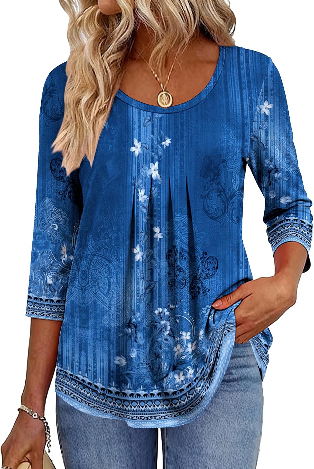 Zeagoo 3/4 Sleeve Tops for Women Crew Neck Blouses Pleated Casual Shirts Fall Work Clothes 2026