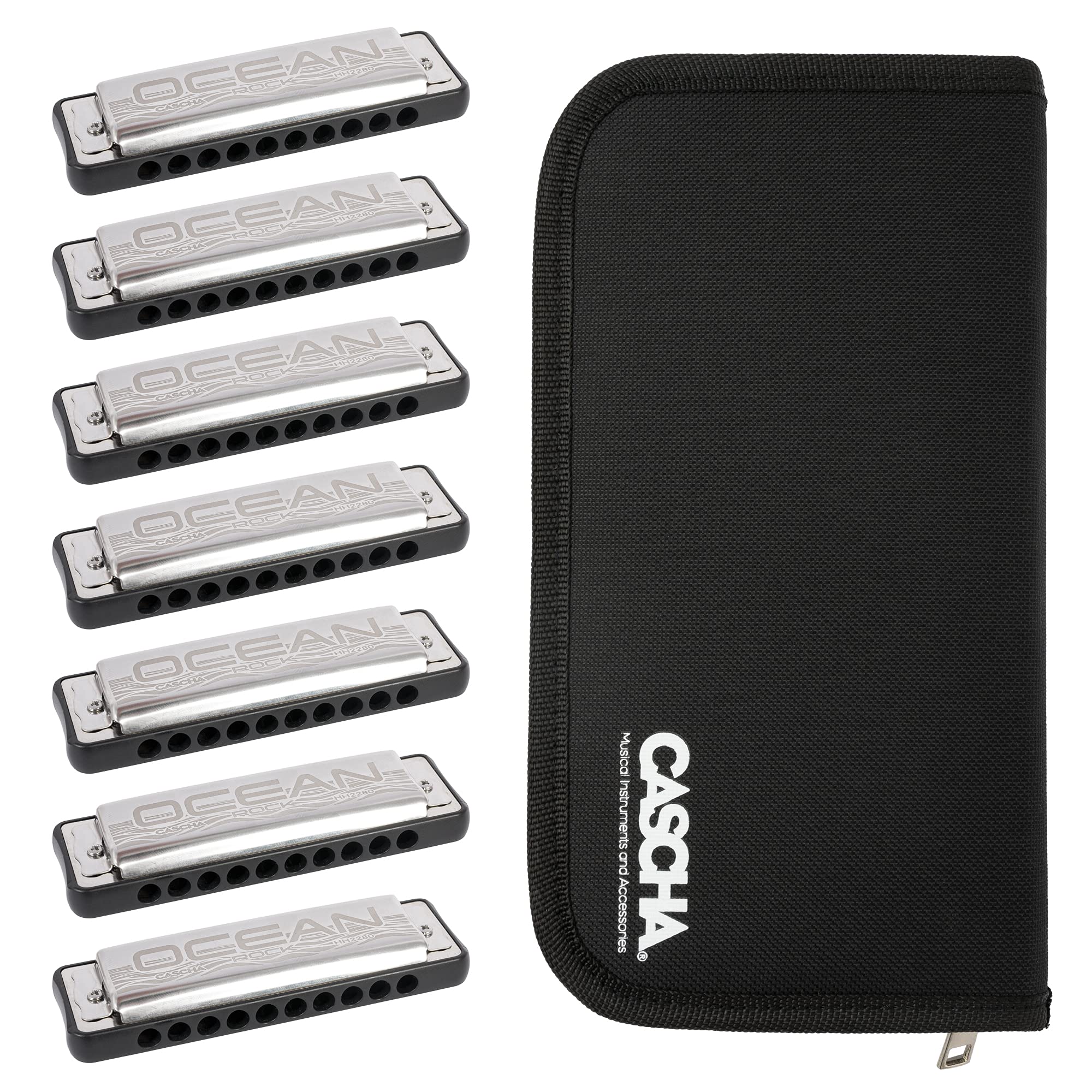 Ocean Rock Harmonica Pack 7 (C-D-E-F-G-A-Bb), 7 harmonijek ustnych z torbą, czarny