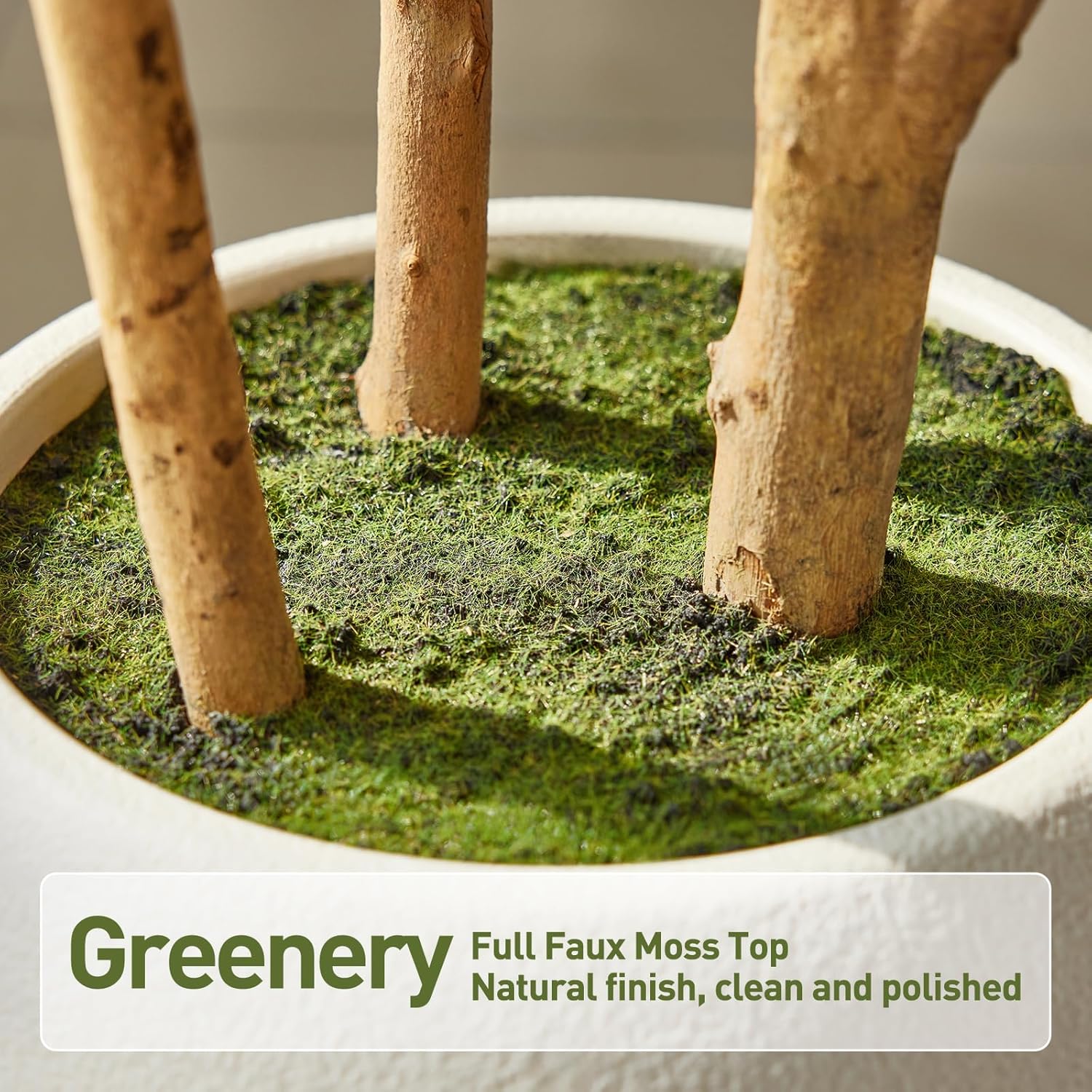 6FT Artificial Fiddle Leaf Fig Tree with White Planter - Tall Fake Tree, 3 Real Wood Trunks, Real Moss Pot, Artificial Plants Indoor Faux Tree for Home Living Room Office Decor, VN244