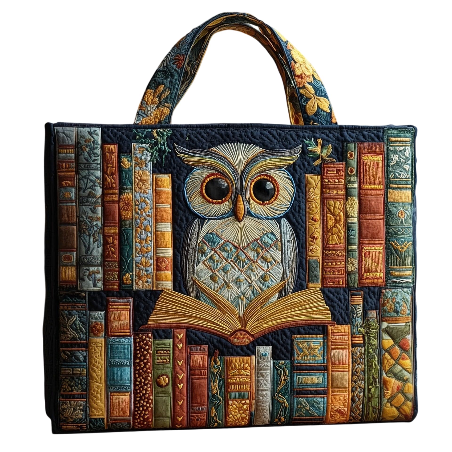 Borsa tote trapuntata grande capacità vintage gufo design borsa per shopping e viaggi, morbido tessuto leggero con tema biblioteca libri
