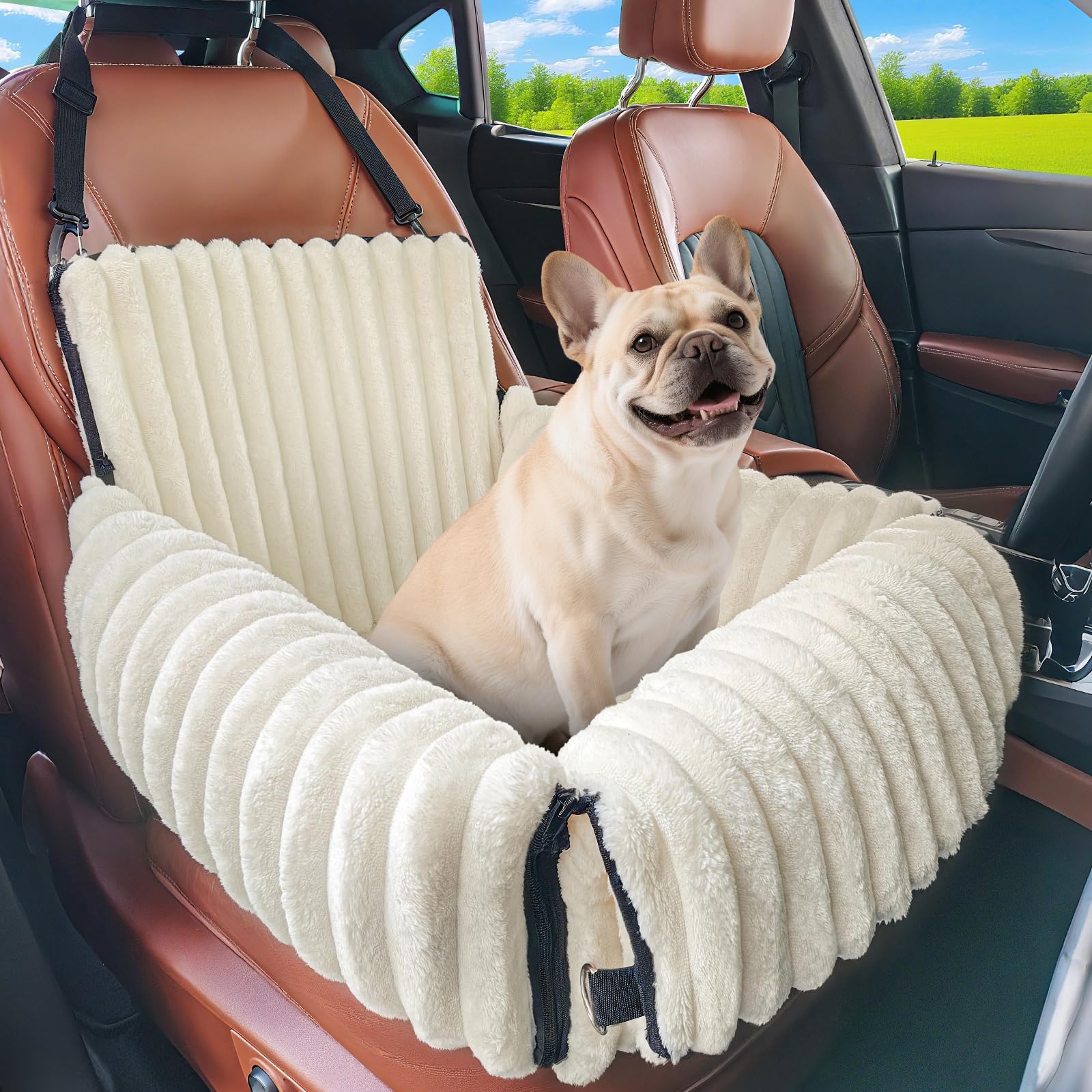 MIXJOY 6-in-1 Dog Car Seat for Small/Medium Dogs up to 25 lbs, Multi-Functional Dog Carrier for Car with Detachable Washable Cover, Pet Travel Bed with Clip-On Safety Leash, Beige