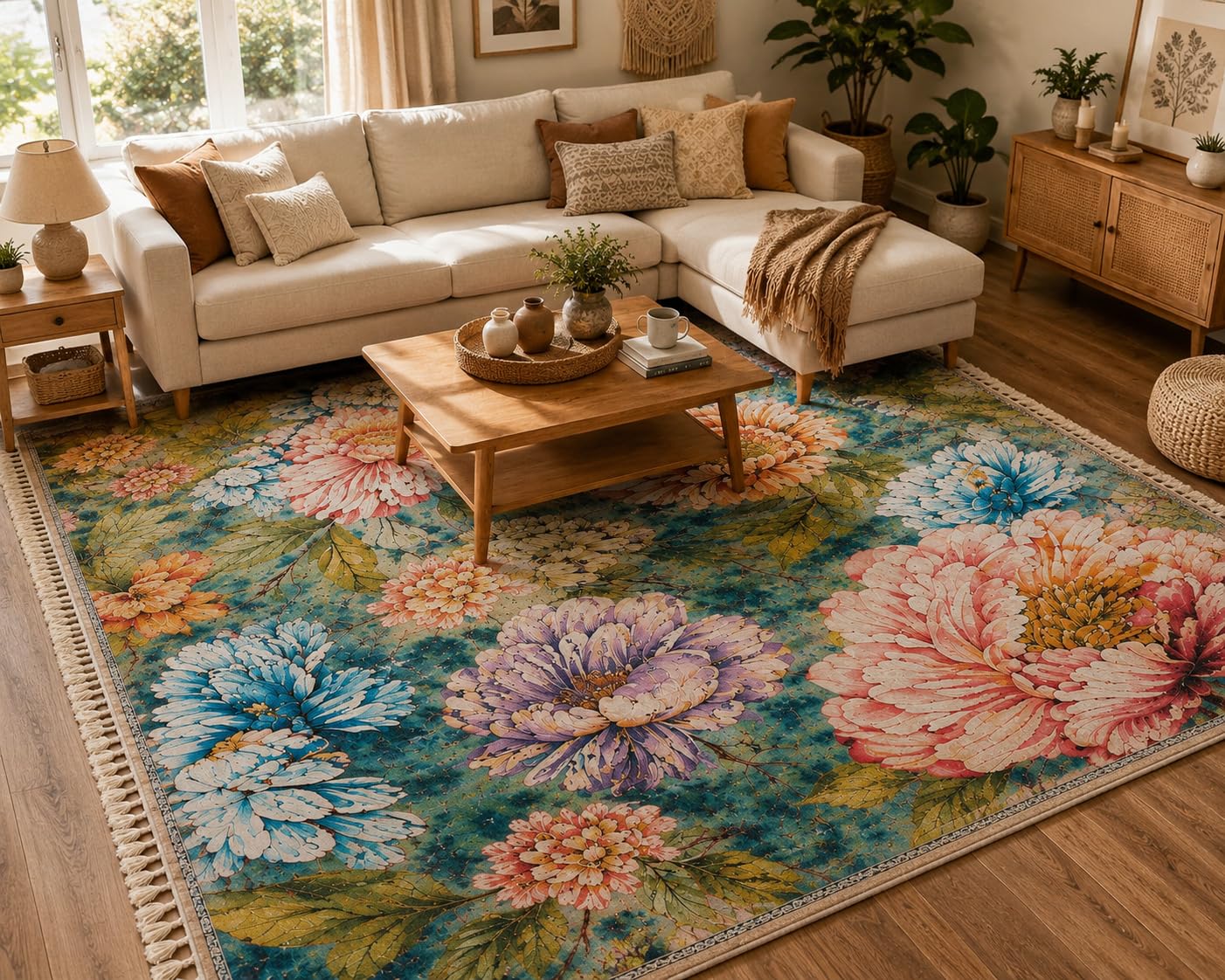 Multicolor Area Rug for Living Room 5x7 Feet | Anti Slip Washable Floor Carpet for Bedroom, Hall, Kids Room & Drawing Room | Traditional Persian Style Runner Rug for Home, Teal Floral