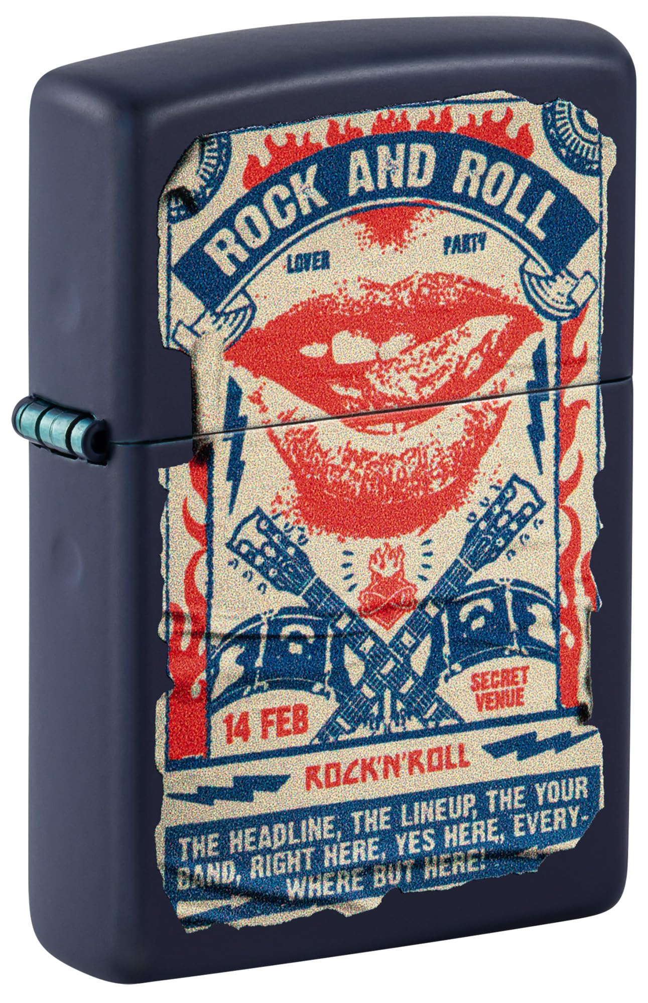 Zippo Encendedor a Prueba de Viento - Rock & Roll Poster - Acabado Azul Marino Mate, Color Image - Recargable - Reutilizable - Diseño a Prueba de Viento - Caja de Regalo - Hecho en EEUU