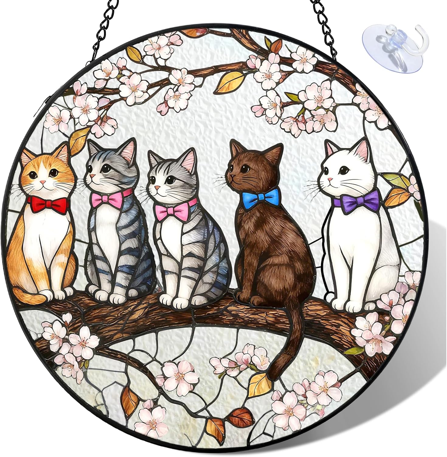 Stained Glass Window Hanging - Cat Suncatcher Sun Catcher 7.8in, 5 Cats Rainbow Light, Cat Decor Home, Gifts for Cat Lovers Women Mom