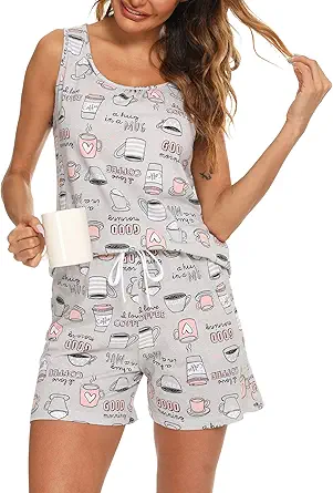 ENJOYNIGHT Women's Pajamas for Women Set Cute Sleeveless Print Tank and Shorts Pj Set Loungewear