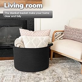 Goodpick Large Blanket Basket, 22X 14 Woven Rope Baby Basket, Black Blanket Storage for Dirty Clothes, Kids Toy Storage Organizer Bins for Living Room