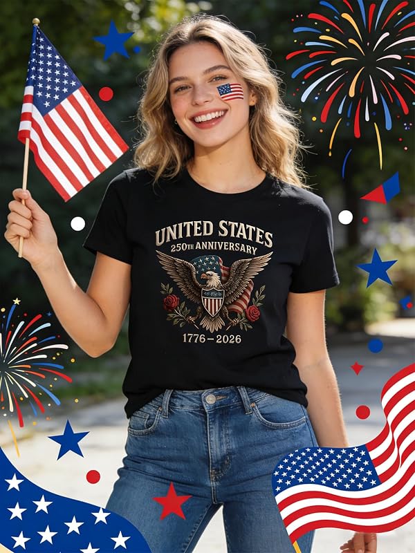 USA 250th Anniversary Shirt Women Patriotic American Flag Eagle 1776-2026 T-Shirt America 250 Years Graphic Tee (T5Black,M) by FLORENCE IISA - Used condition - Image 3