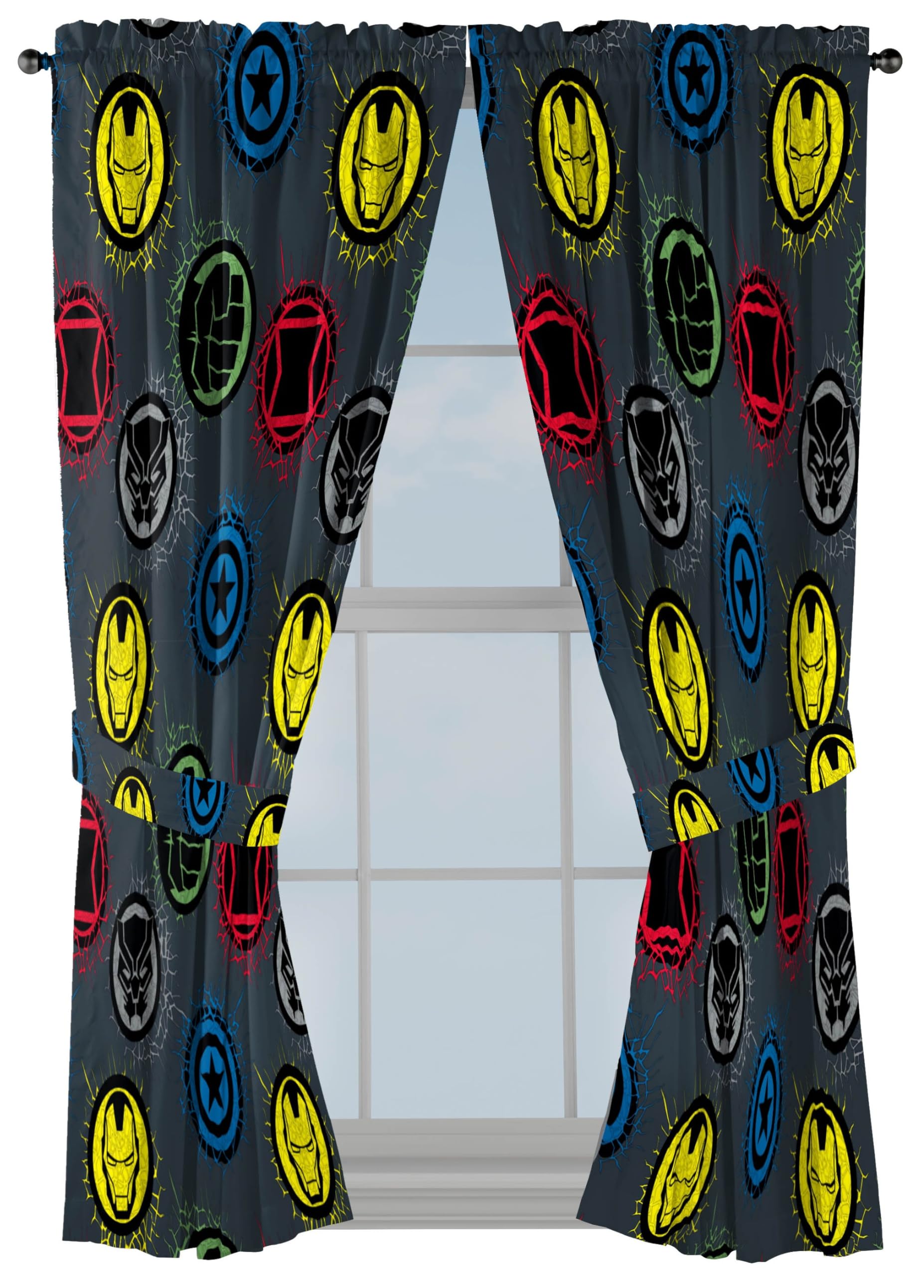 Jay Franco Window Curtains for Kids Bedroom 4-Piece Drape Set with 2 Tiebacks, Grey - Marvel Comics, 42" W x 63" L (Pack of 2)