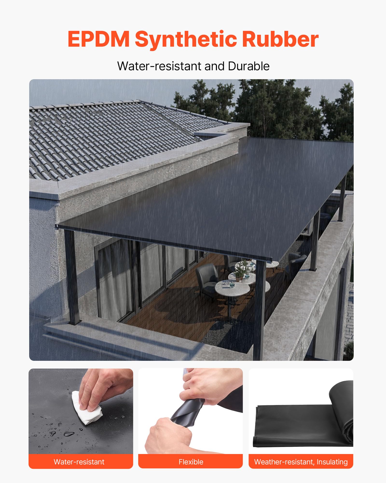 VEVOR Rouleau de toiture, 4,572 x 7,62 m, membrane de sous-couche de toiture, en caoutchouc EPDM de 1,14 mm, résistant aux intempéries et températures extrêmes, pour camping-cars, toits et étangs
