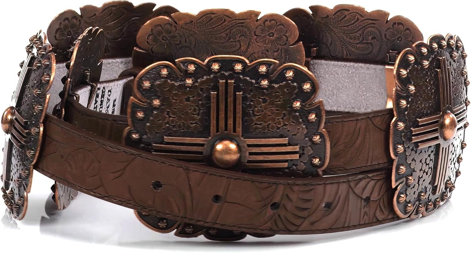 Angel Ranch Women’s Floral Embossed Leather Belt with Western Square Conchos and Removable Buckle - Image 5