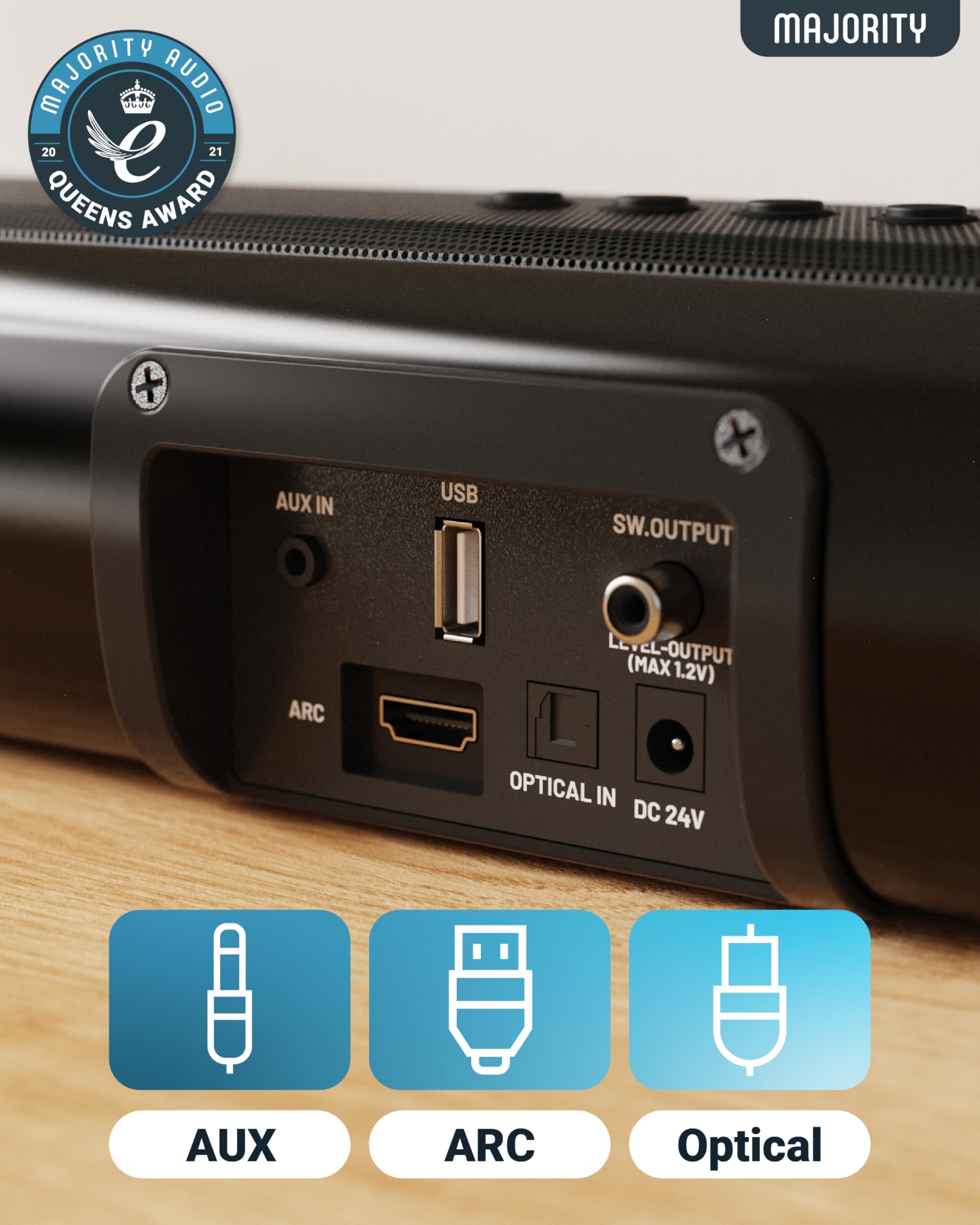 MAJORITY Naga 60 Soundbar für TV Geräte | TV Soundbar mit Integriertem Subwoofer | Bluetooth Sound Bar HDMI ARC | 120W Lautsprecher für Fernseher | 2.1 Soundsystem mit EQ | Wandmontierbar Sound Bar